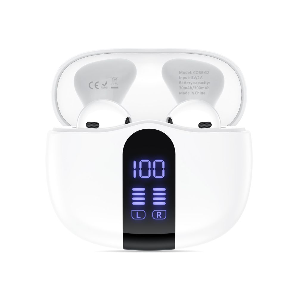 Auricolari wireless bianchi in custodia di ricarica con display 100%.