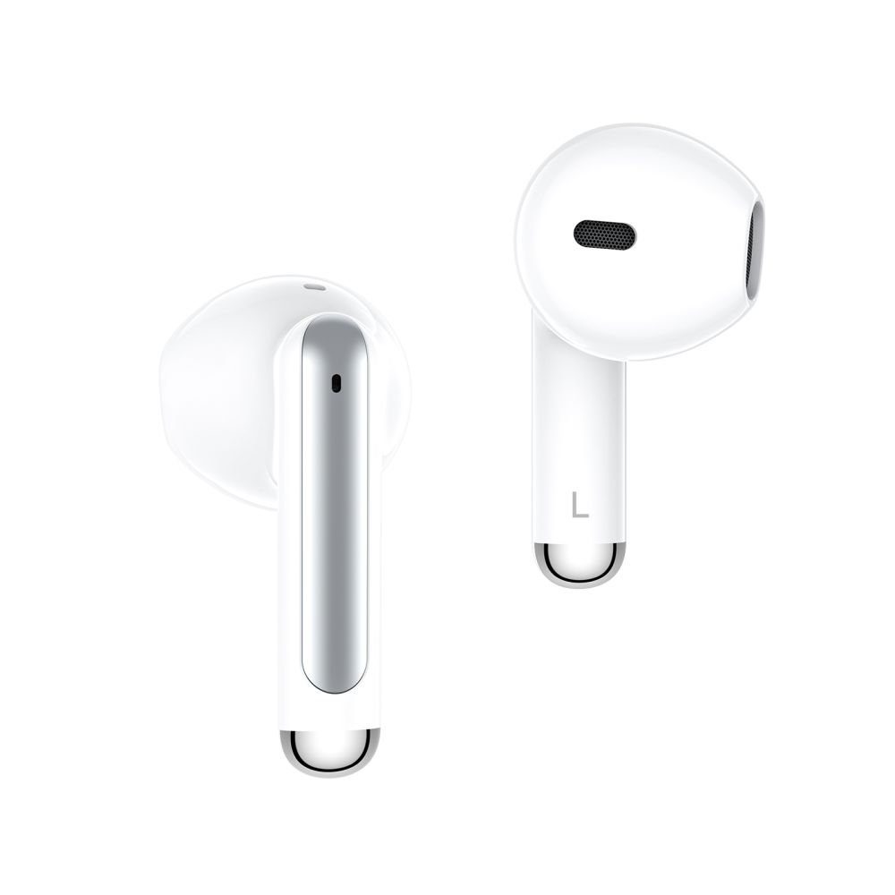Due auricolari wireless bianchi con accenti argentati, su sfondo bianco.