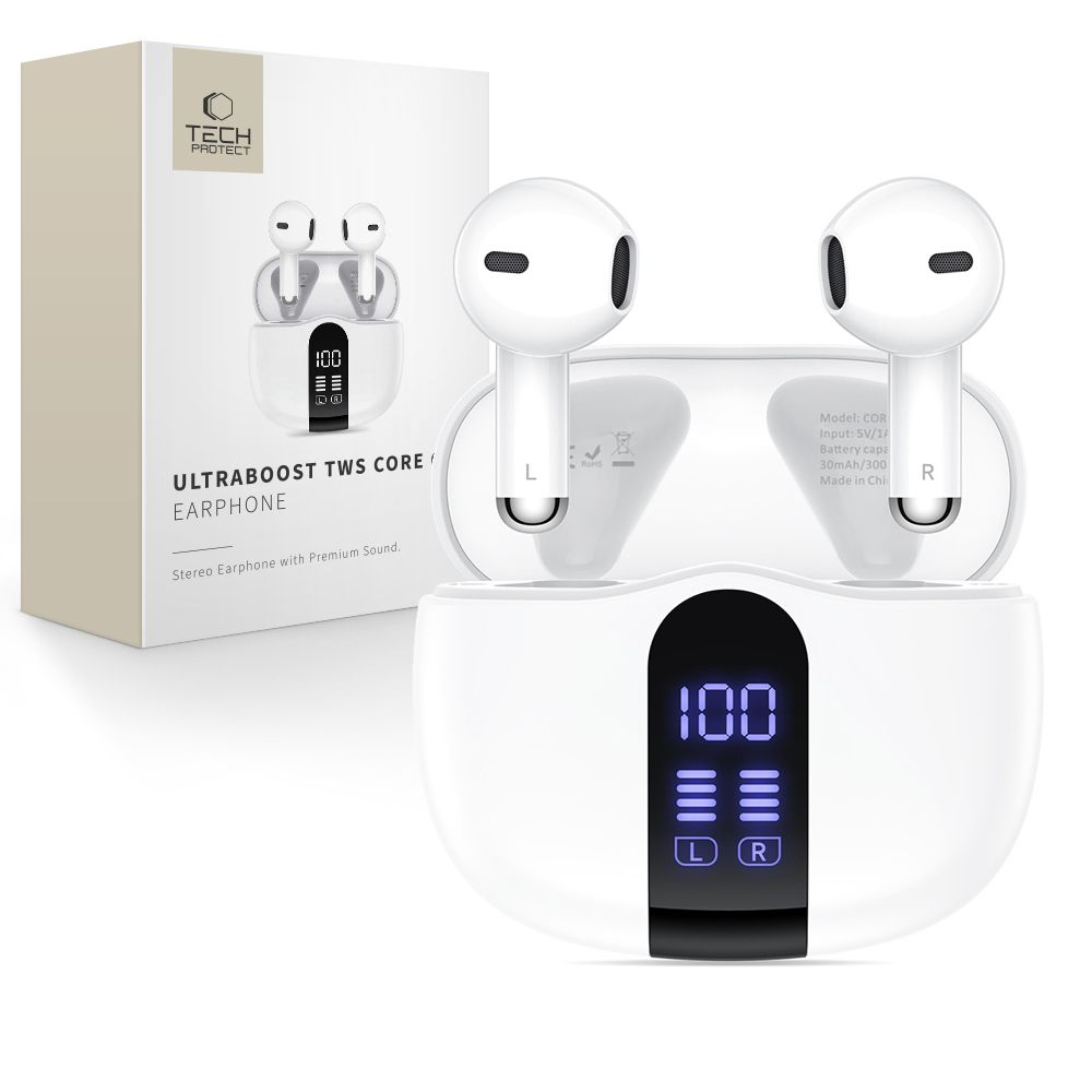 Auricolari wireless bianchi in custodia di ricarica con display digitale, accanto alla confezione.