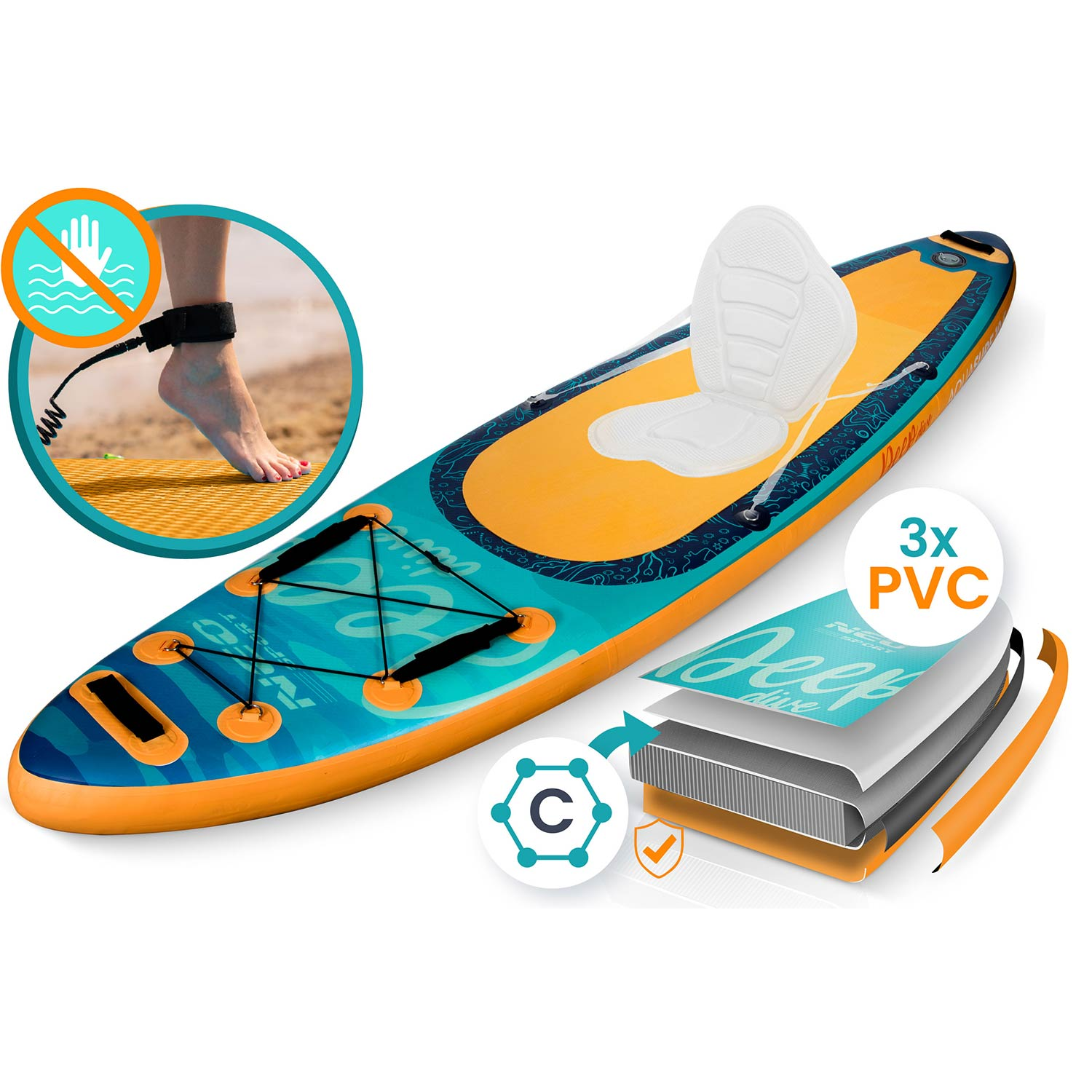 Nadmuchiwana deska SUP z siedzeniem, smyczą i detalami warstwy PVC.