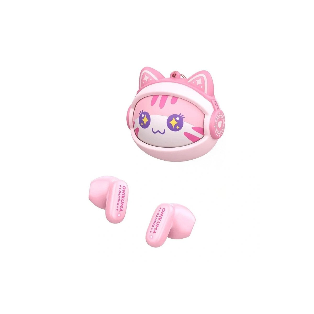 Un ciondolo a forma di gatto rosa con cuffie e due auricolari rosa.