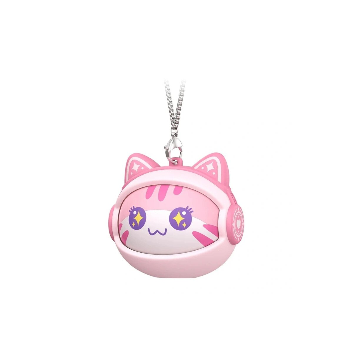 Un ciondolo a forma di gatto rosa con cuffie e occhi a stella.
