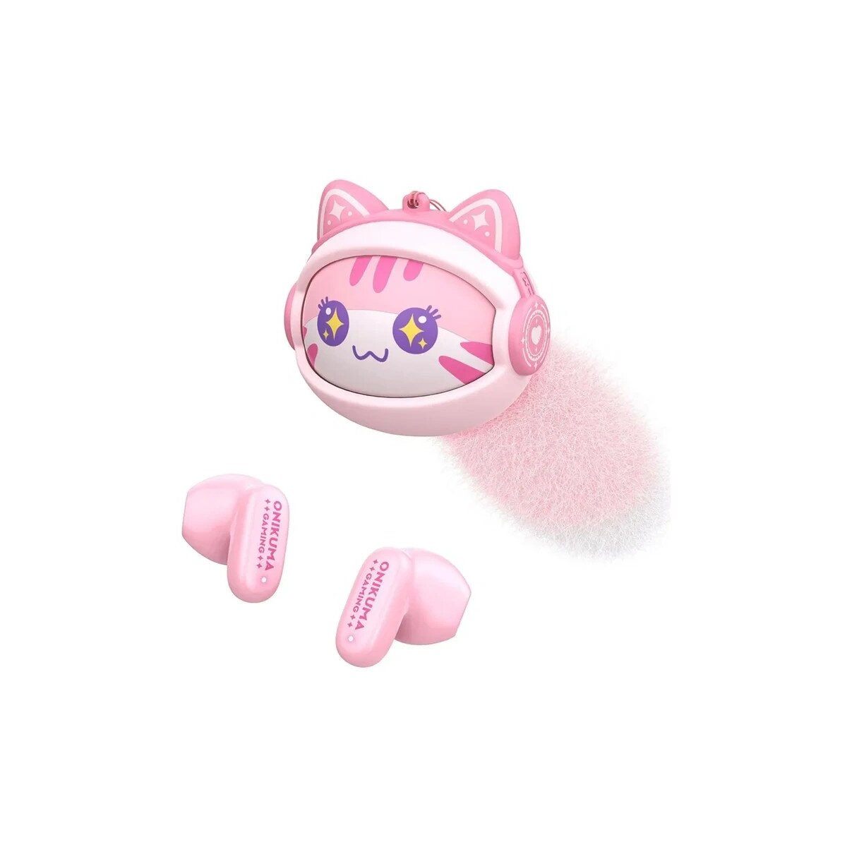 Una custodia rosa per cuffie a forma di gatto con auricolari accanto su sfondo bianco.