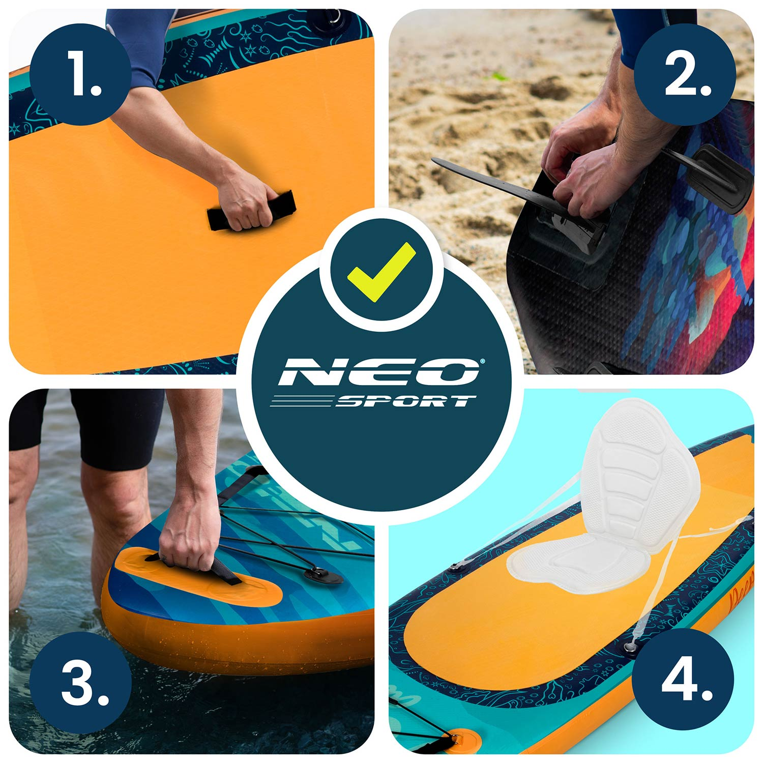 Cztery obrazy: Uchwyt, płetwa, noszenie w wodzie, poduszka siedzenia.