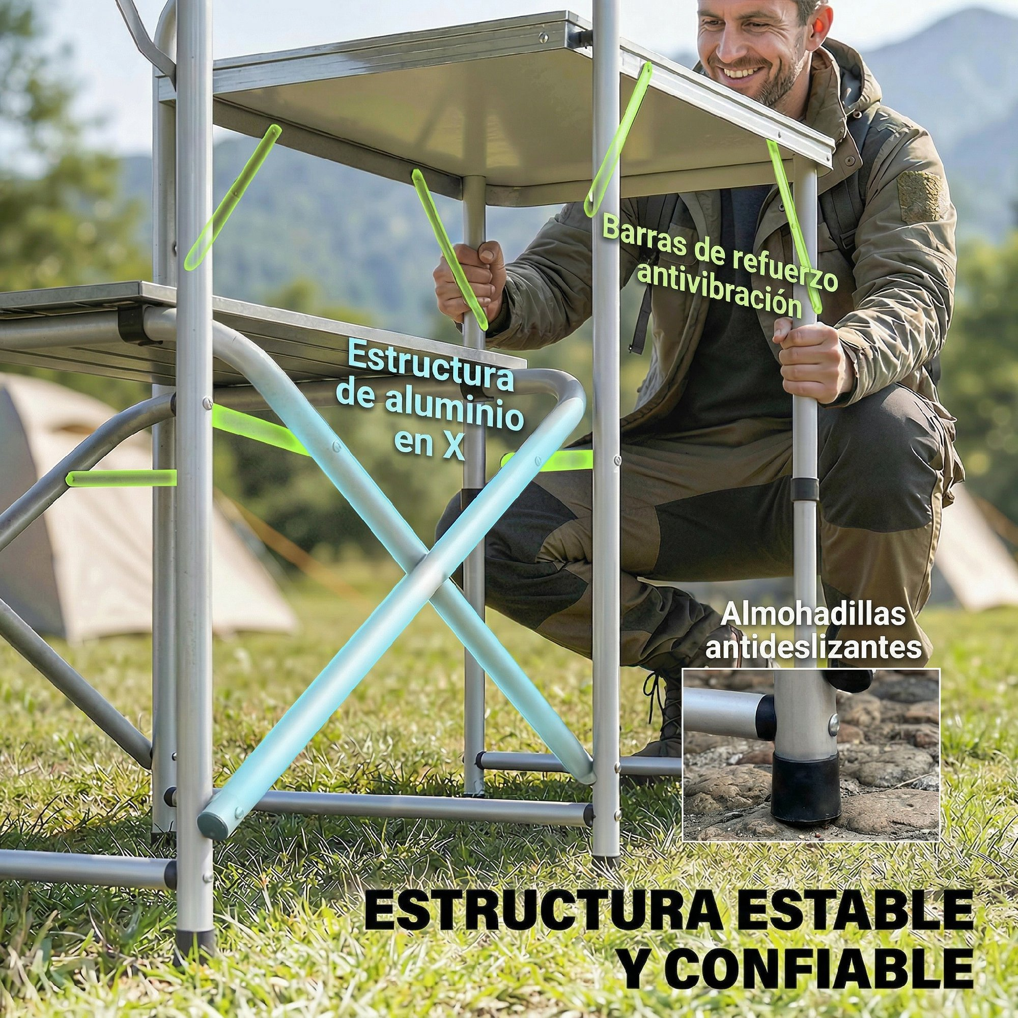 Un hombre se arrodilla junto a una mesa con estructura de aluminio en X.