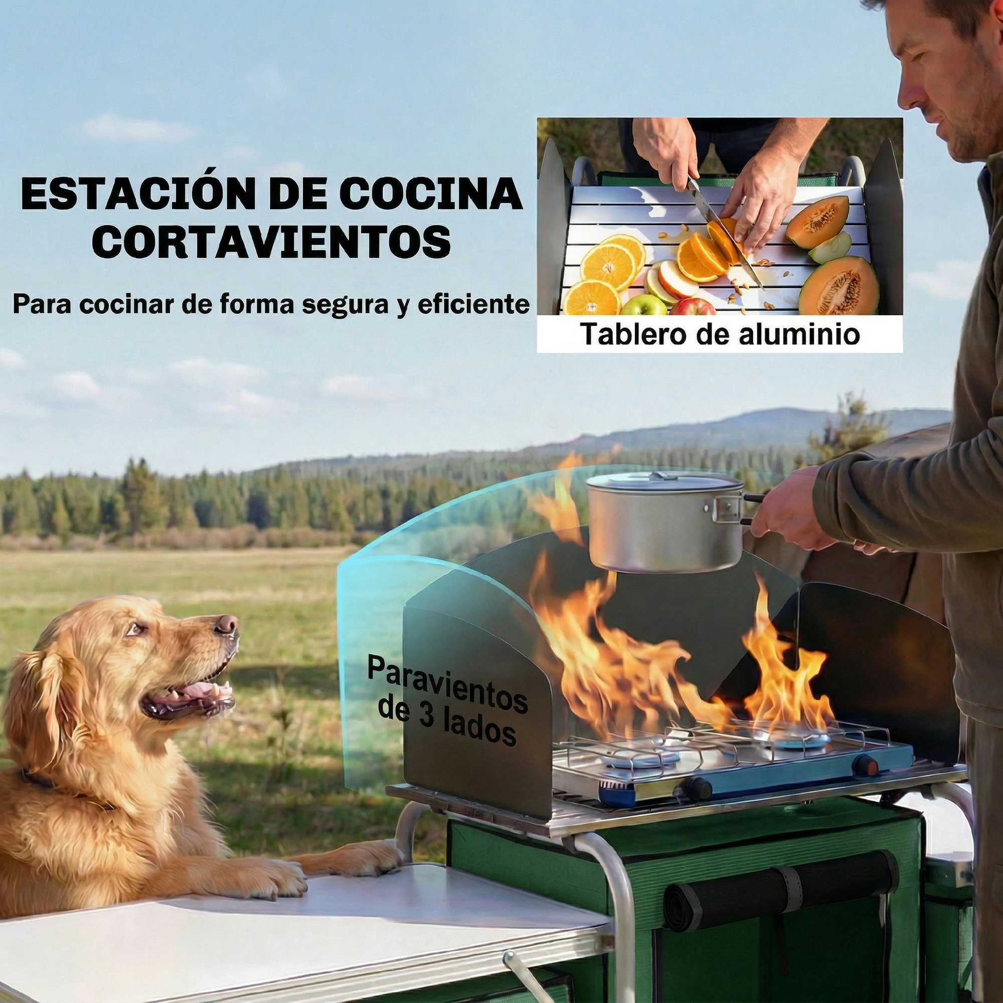 Un Golden Retriever se sienta junto a un hornillo de camping con llamas y una olla. Se ve a un hombre al fondo.