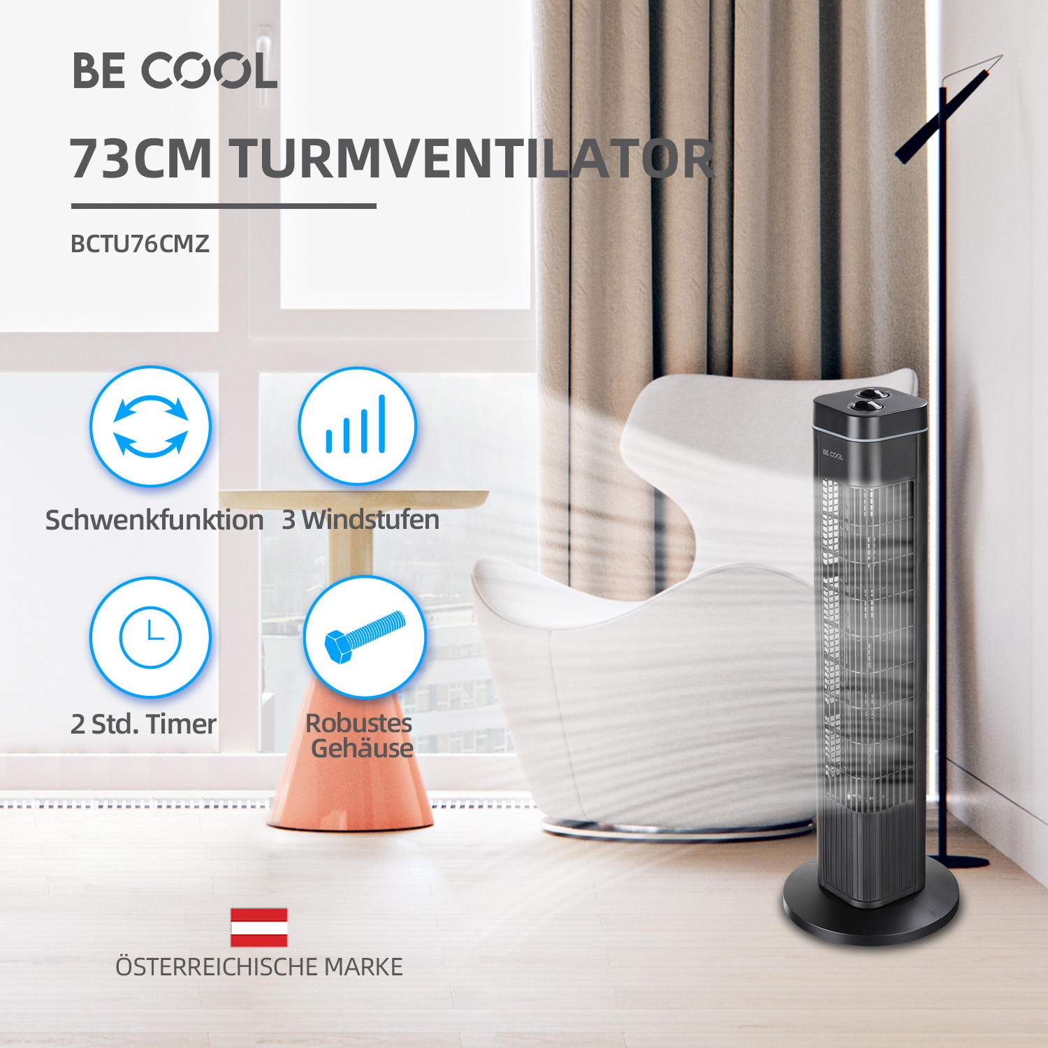 Ein dunkler Turmventilator mit Text und Icons, der einen Raum mit Stuhl und Gardinen zeigt.