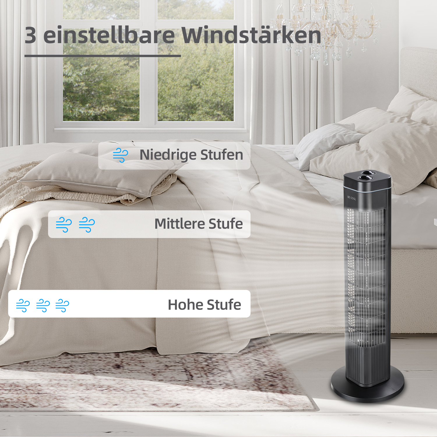 Ein Turmventilator steht neben einem Bett mit drei Geschwindigkeitsstufen.