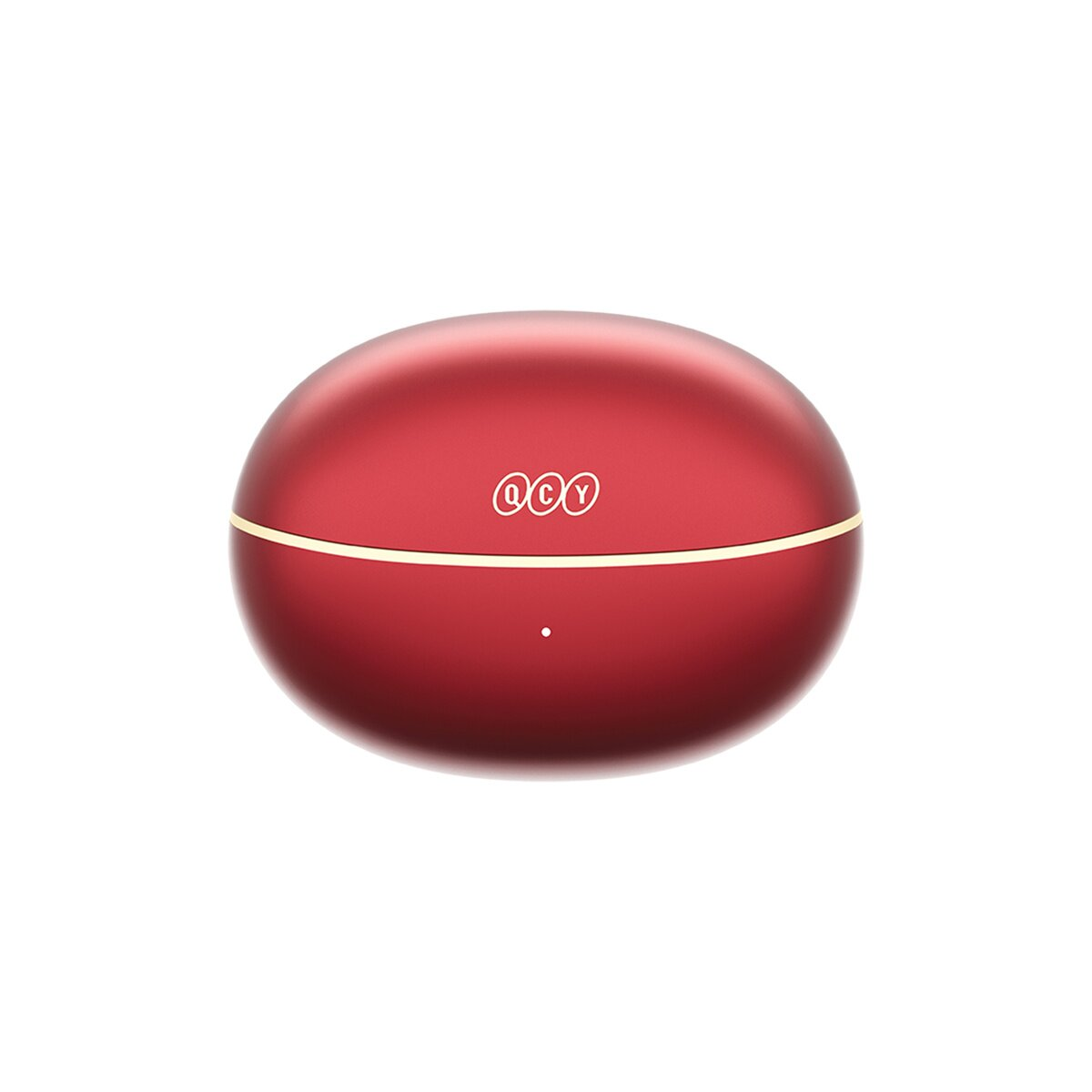 Ein rotes Ladeetui für kabellose Ohrhörer mit goldenen Akzenten und dem QCY-Logo.