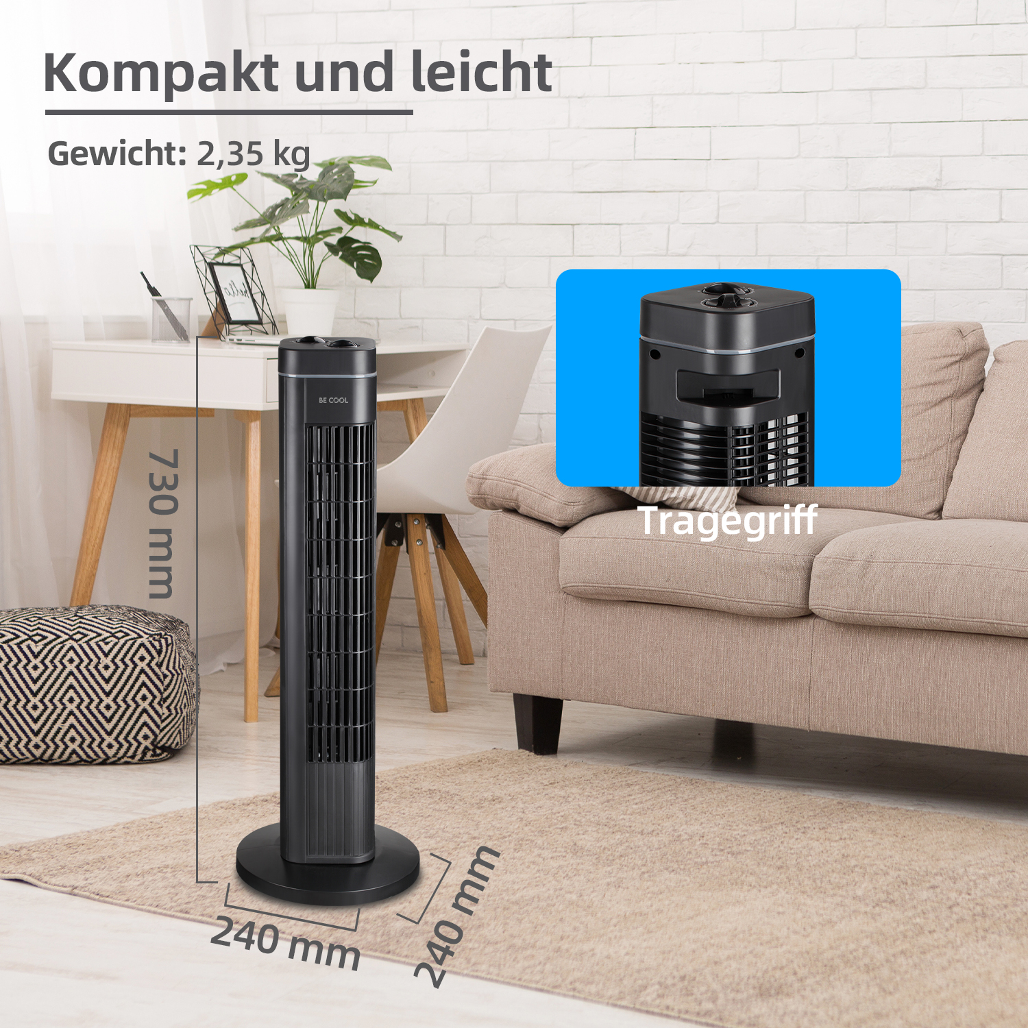 Schwarzer Turmventilator auf Teppich neben Sofa, 730 mm hoch.