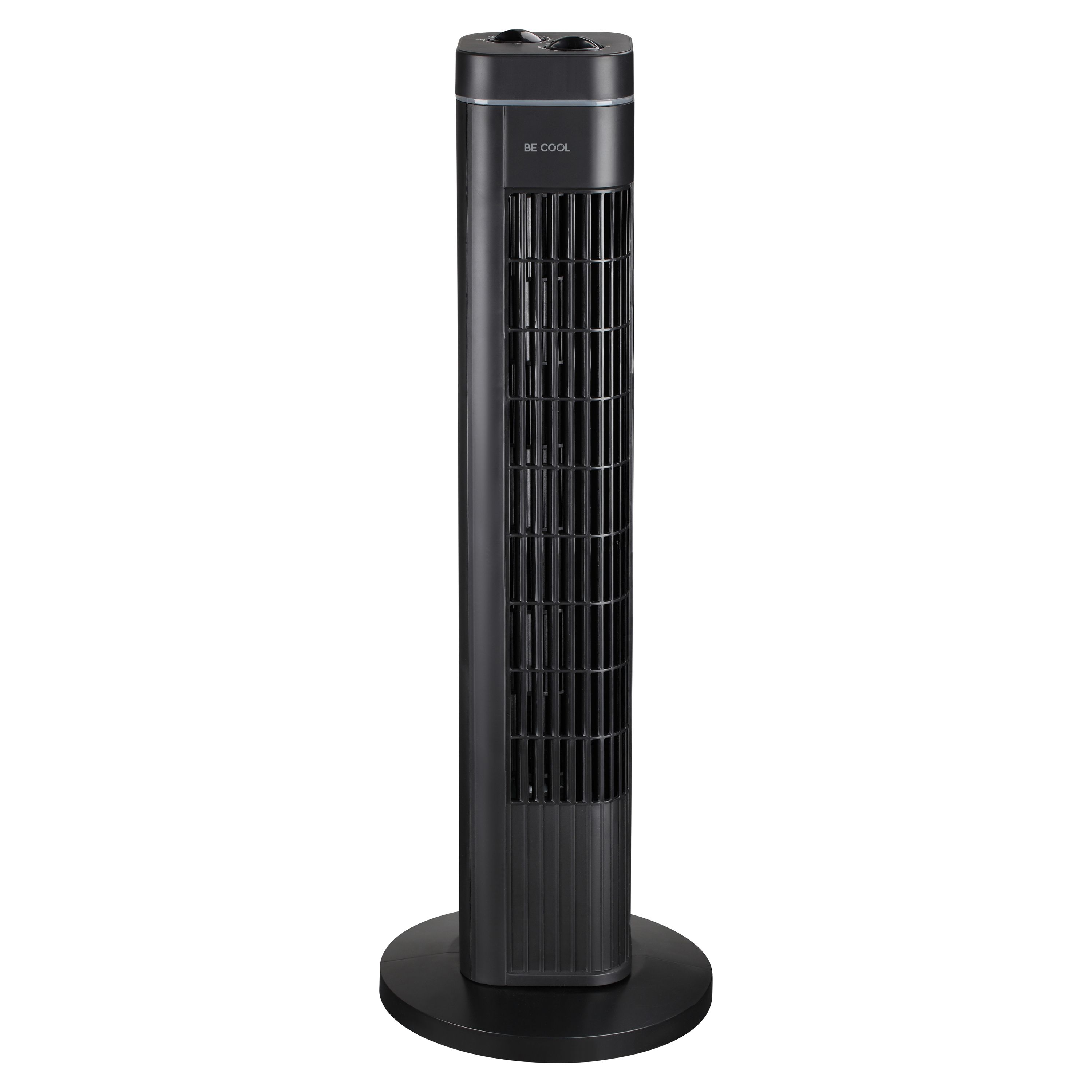 Ein schlanker, schwarzer Turmventilator mit einem runden Sockel und Bedienelementen oben.