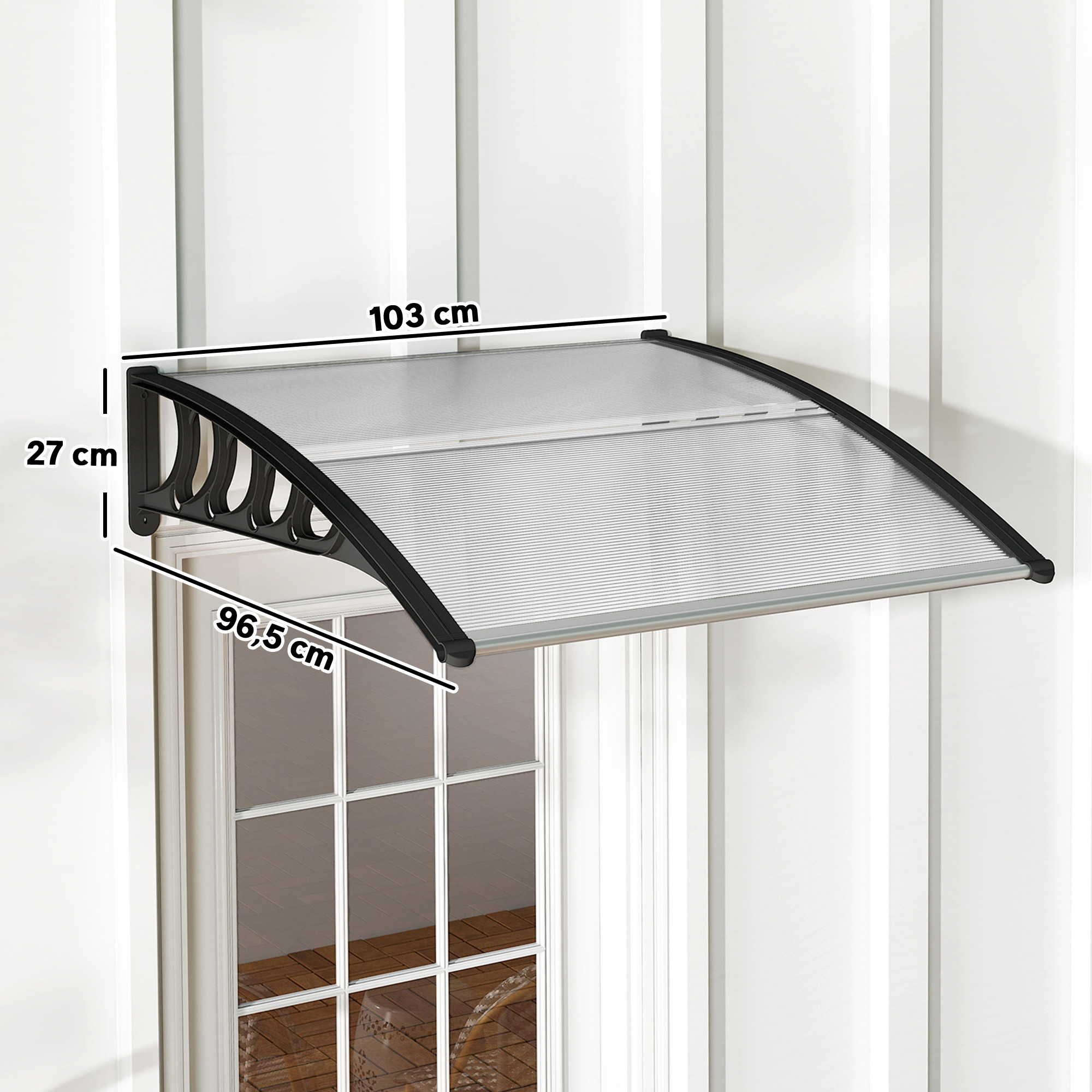 Toldo negro para puerta con lámina corrugada transparente, 103 cm de ancho.