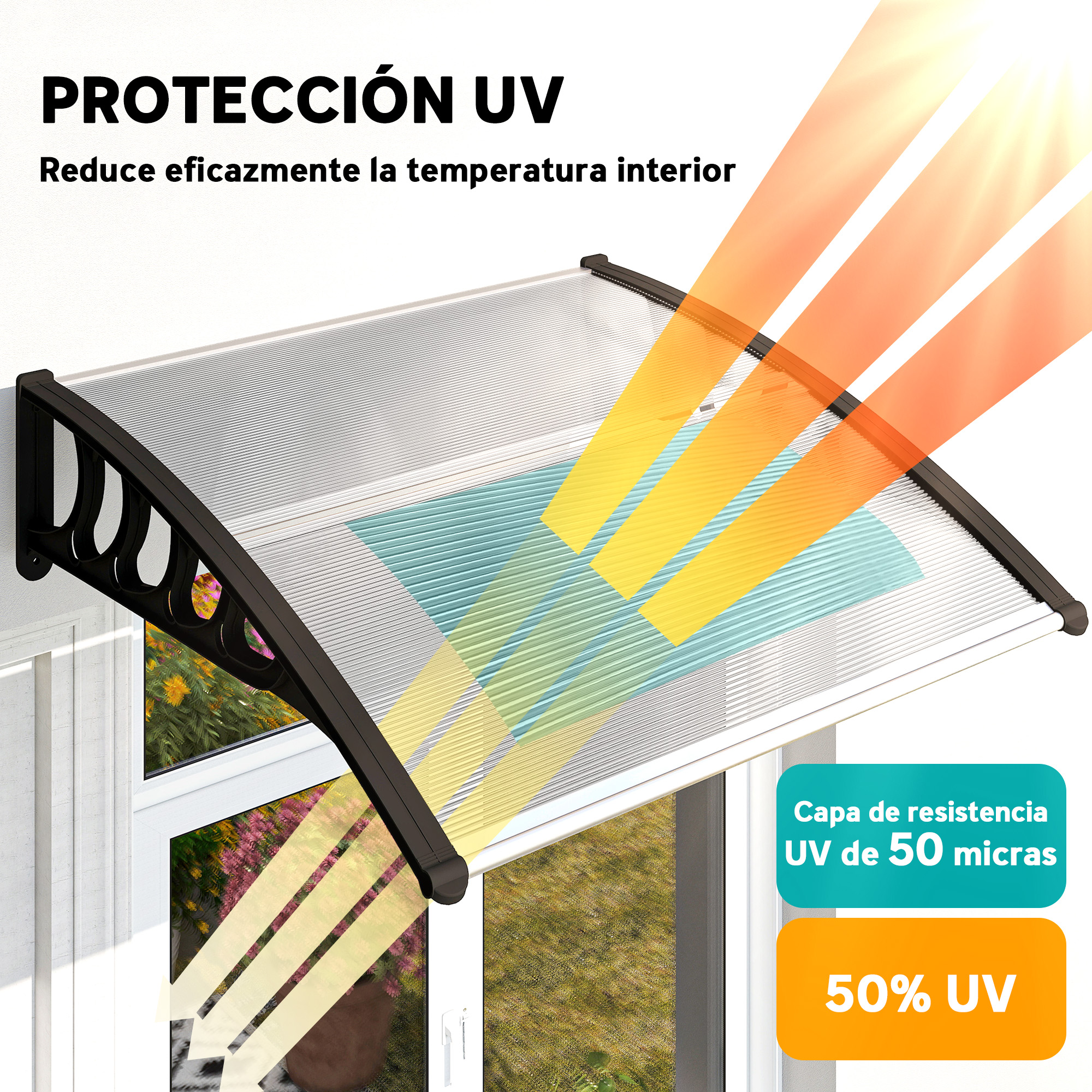 Un toldo protege una ventana de los rayos UV entrantes en haces naranjas.