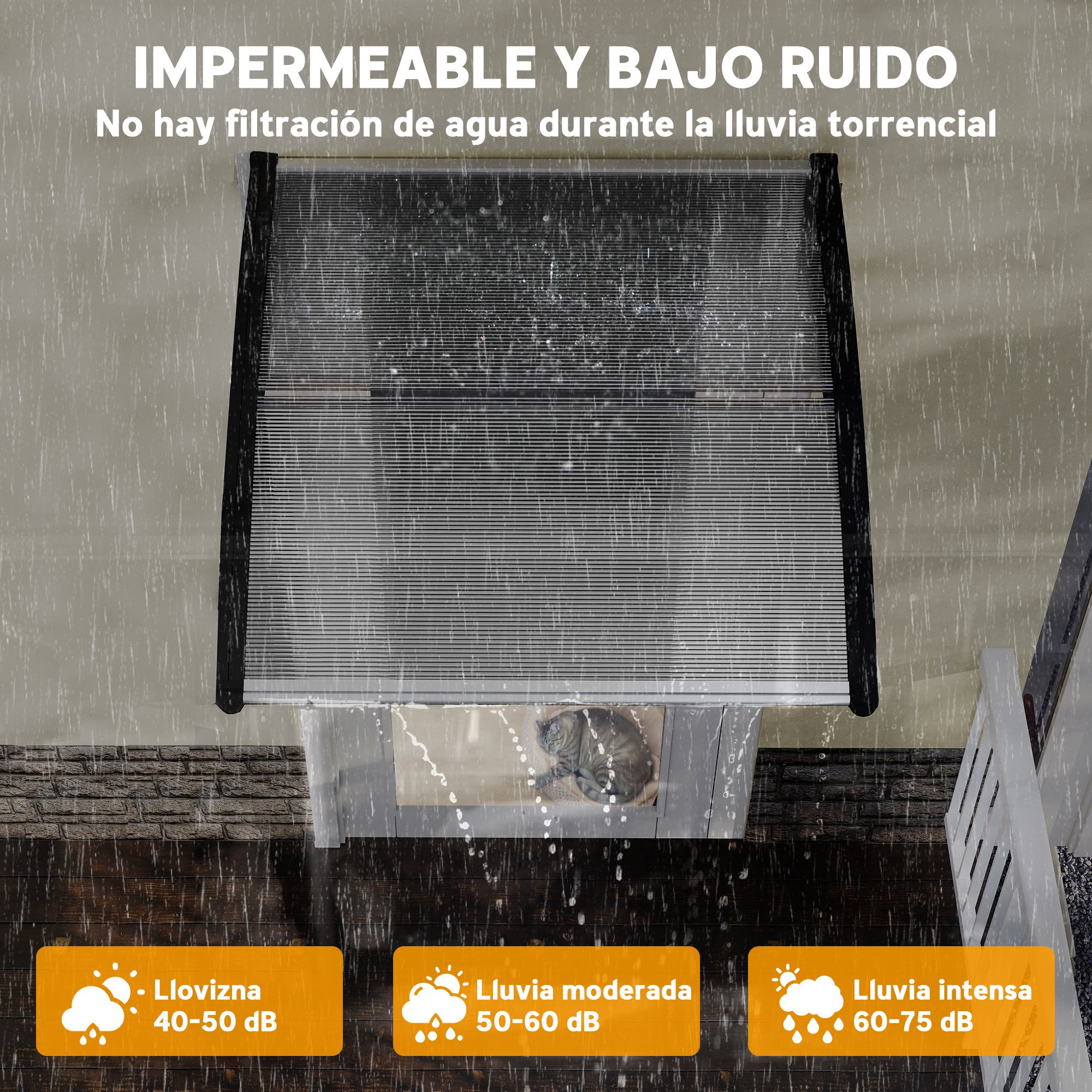 Toldo con persiana enrollable protege de la lluvia. Gato debajo. 3 niveles dB.