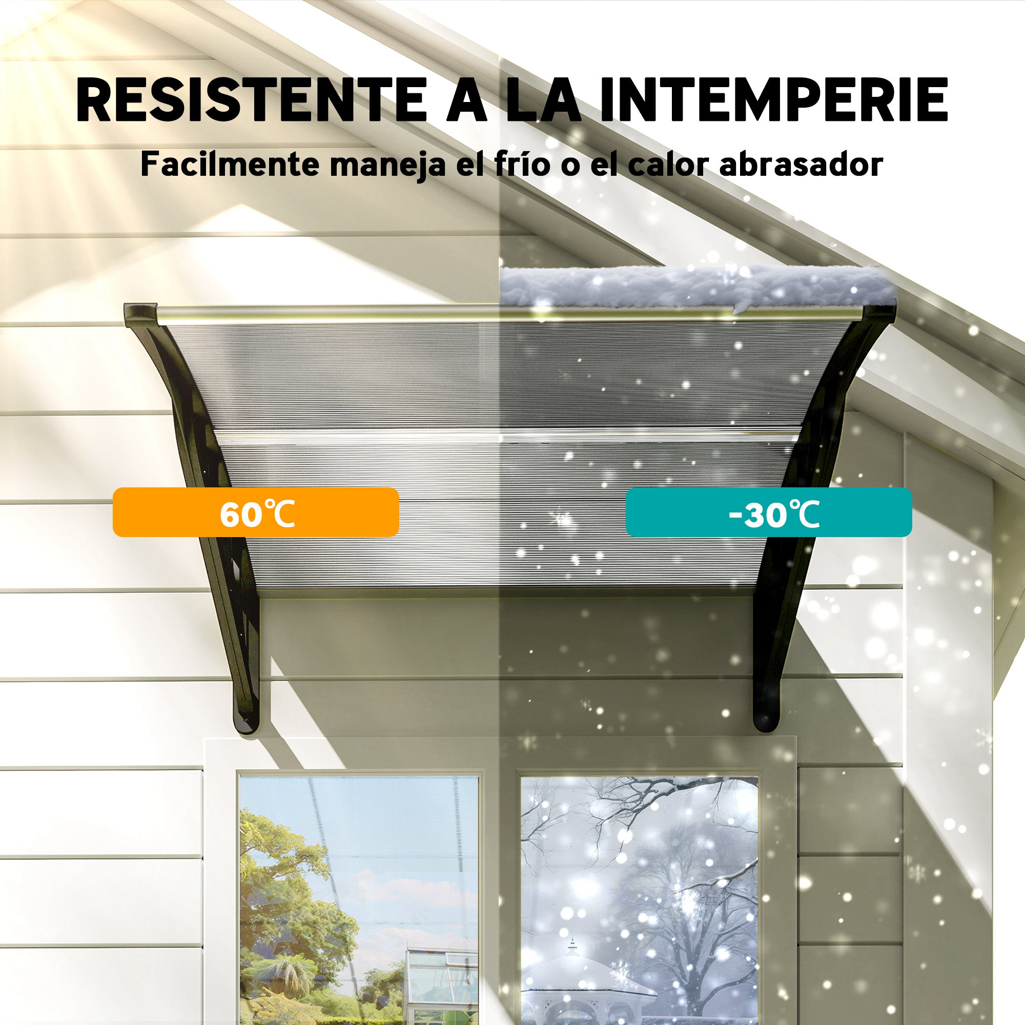 Toldo resistente: 60°C vs. -30°C. Se muestra sol y nieve.