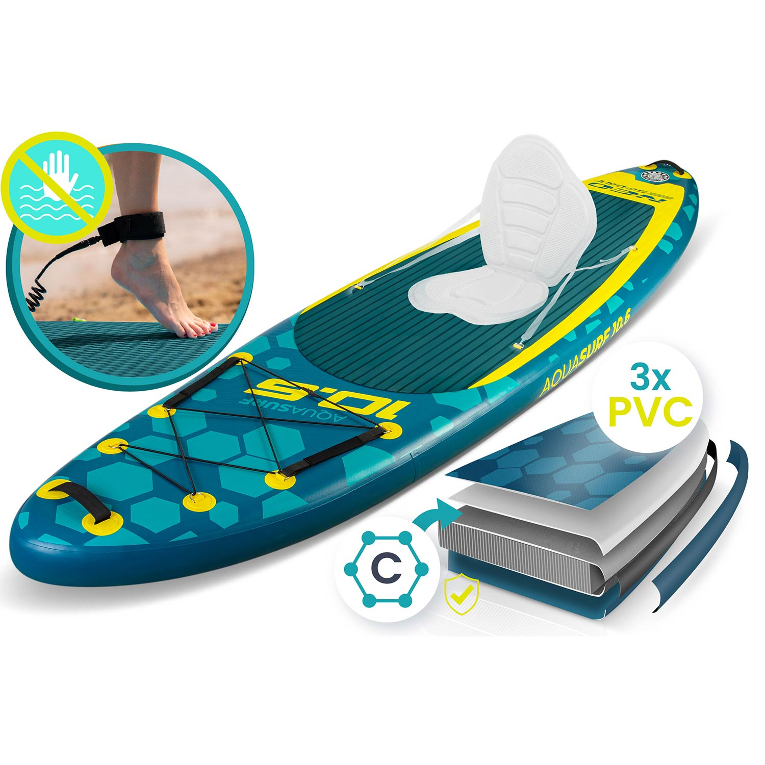 Nadmuchiwana deska SUP z siedzeniem, smyczą i warstwami PVC.