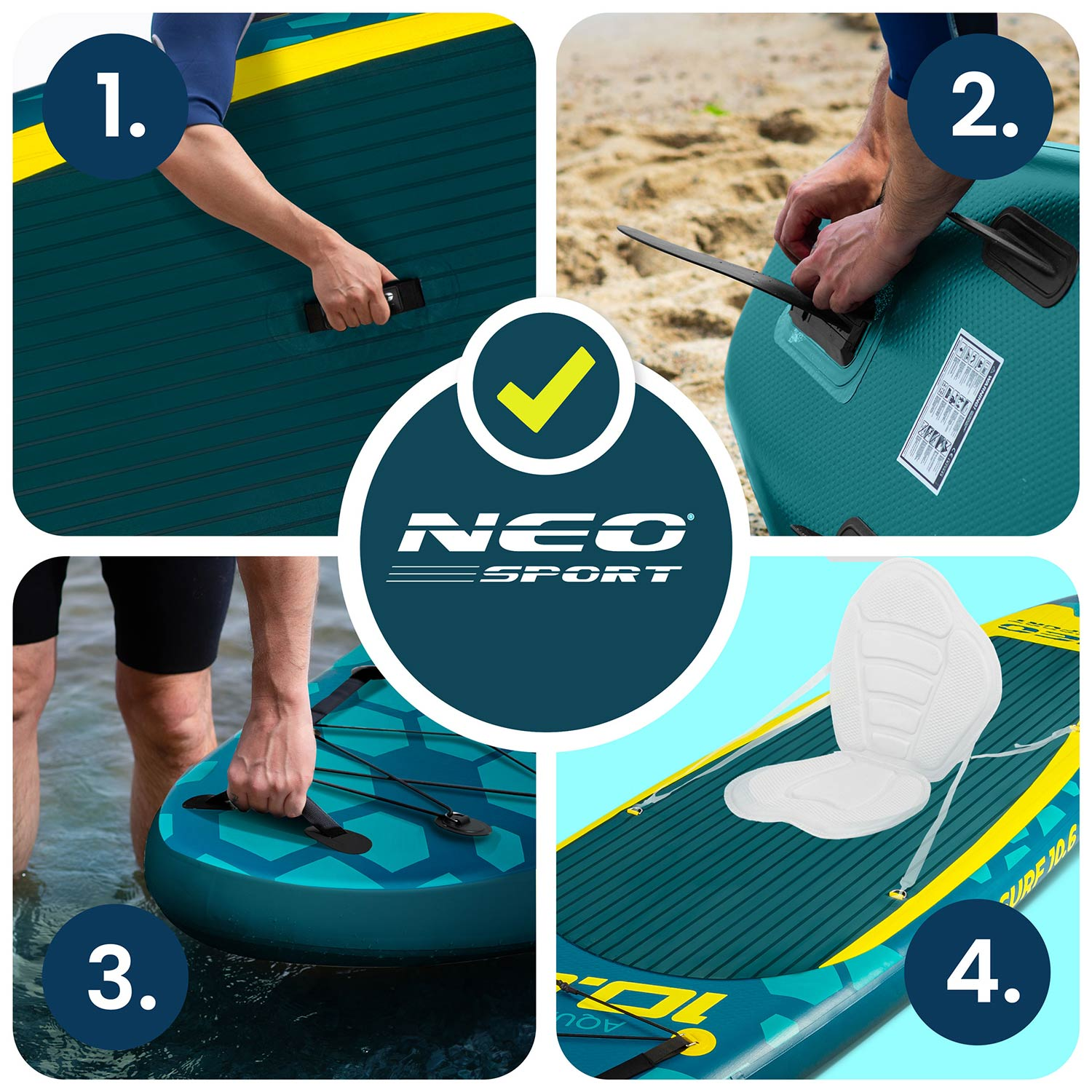 Cztery ujęcia dmuchanej deski: uchwyt, mocowanie wiosła, niesienie w wodzie, siedzenie.