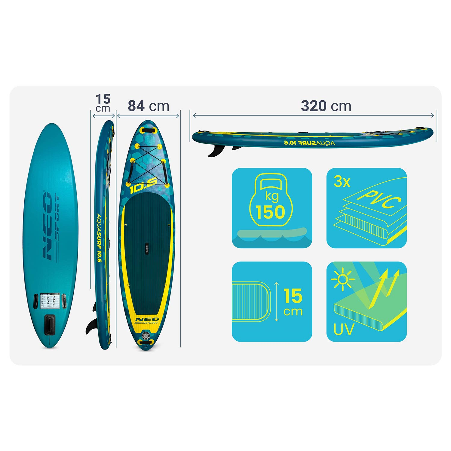 Niebieski paddleboard z żółtymi akcentami. Wymiary 320x84x15cm. Max obciążenie 150kg.