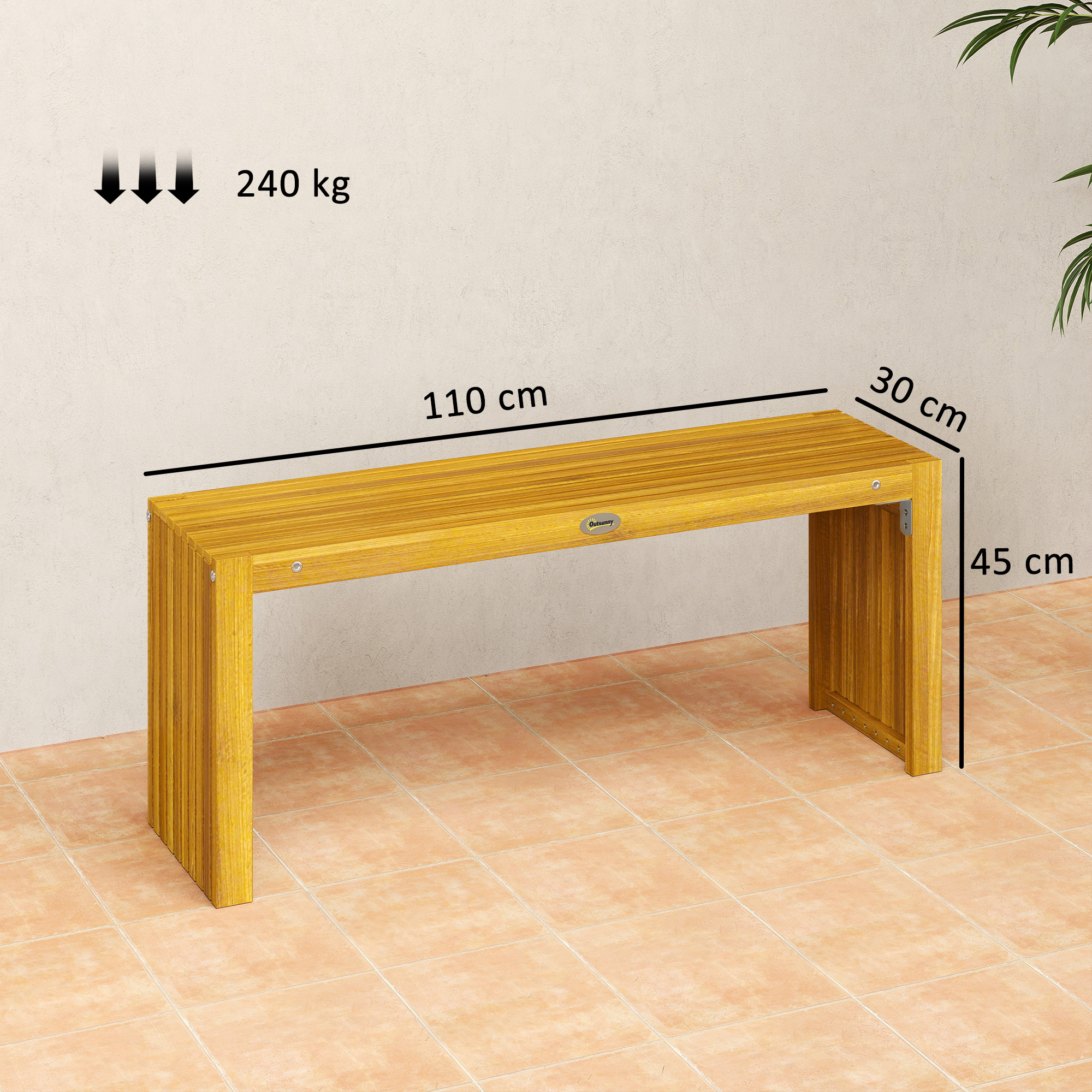 Banco de madera 110x30x45cm, capacidad 240kg, sobre suelo de baldosas.