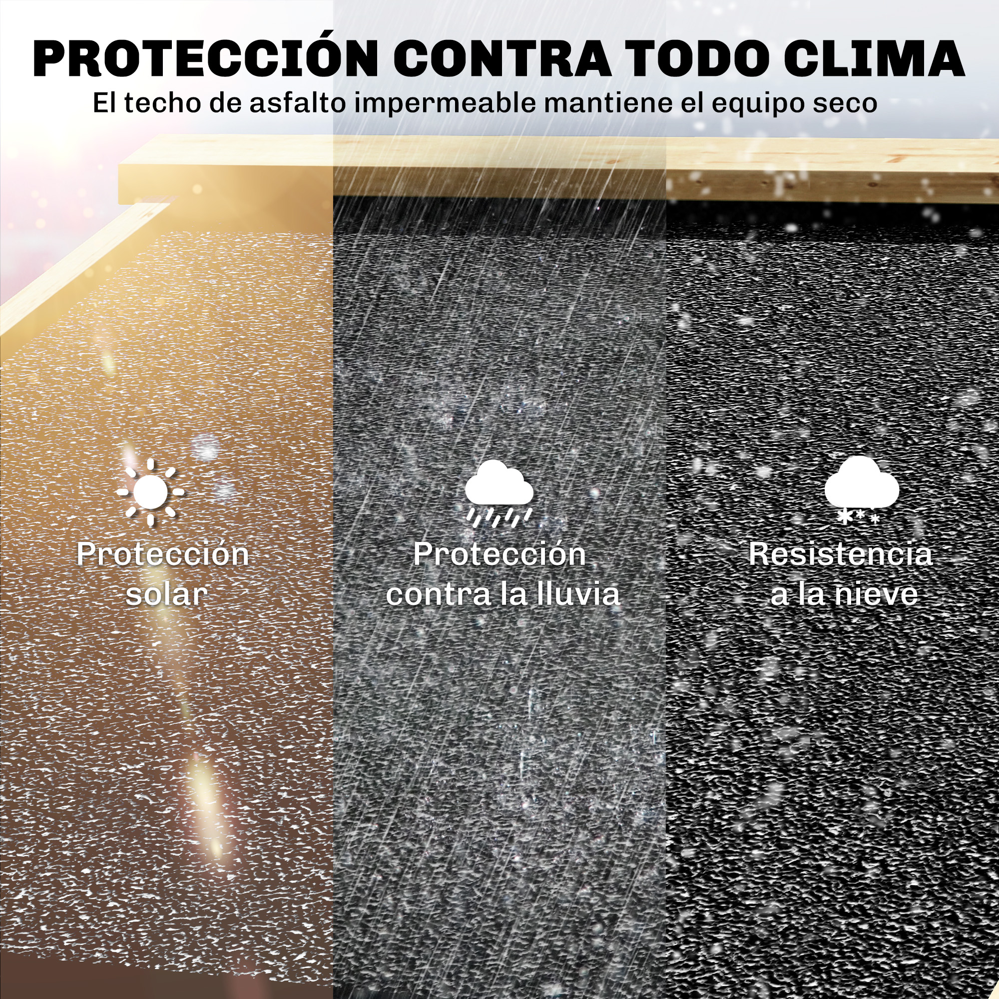 Techo de asfalto ofrece protección contra sol, lluvia y nieve.