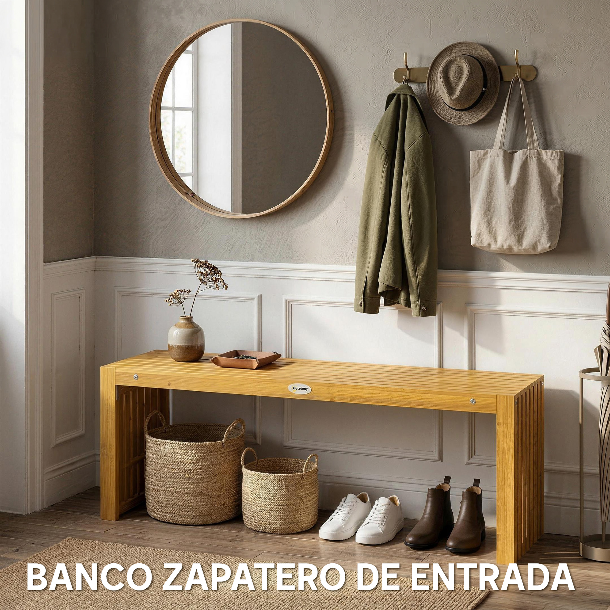 Banco de madera con cestas, zapatos, chaqueta, sombrero y espejo.