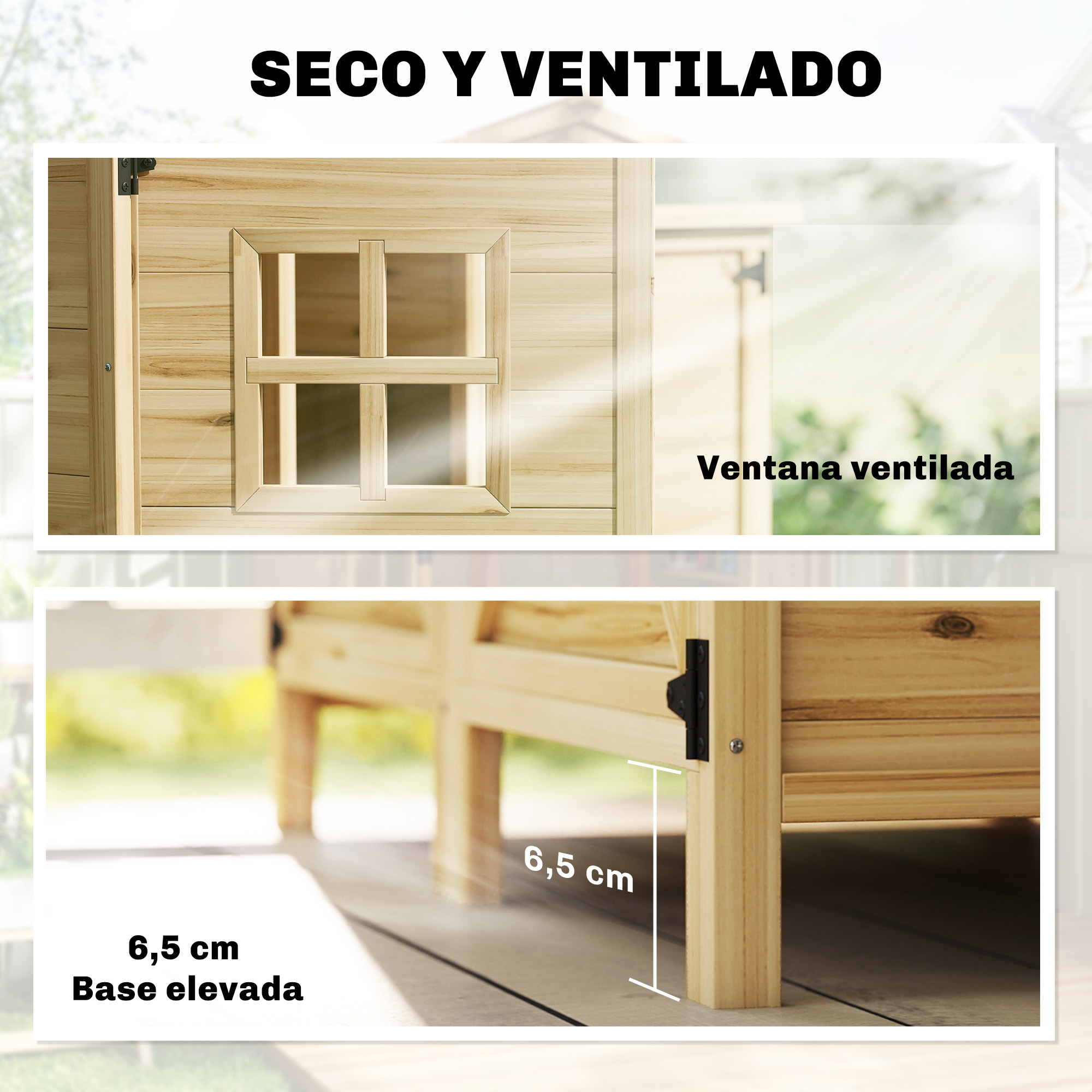 Casa de madera con ventana y base elevada para secado y ventilación.