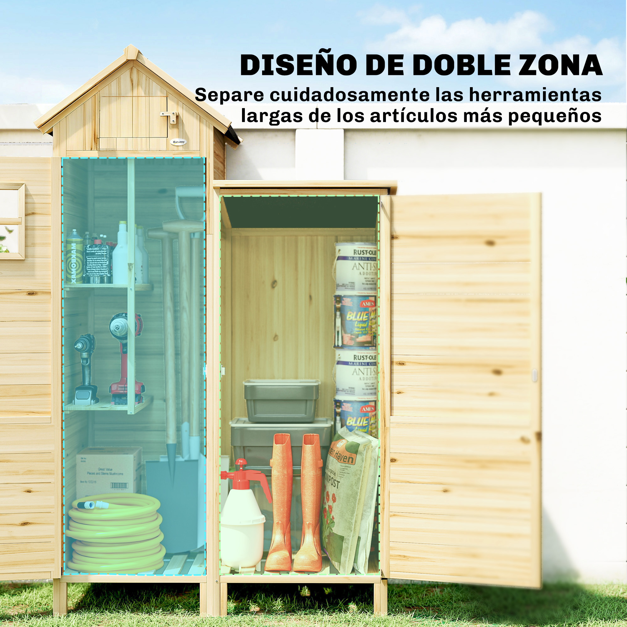 Cobertizo de madera con dos compartimentos: herramientas a la izquierda, pintura y tierra a la derecha.