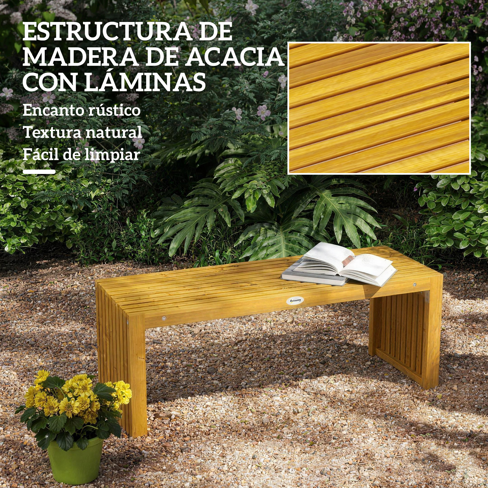 Un banco de madera de acacia con lamas, junto a una maceta de flores amarillas.