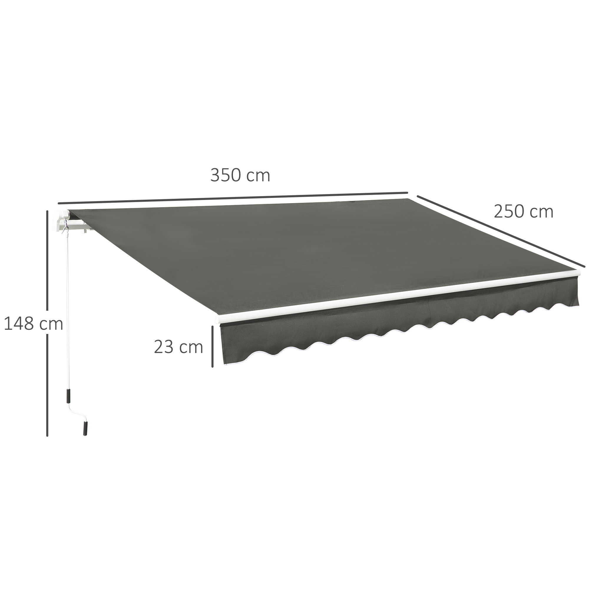 Toldo gris de 350x250 cm, extendido sobre un marco blanco con medidas.