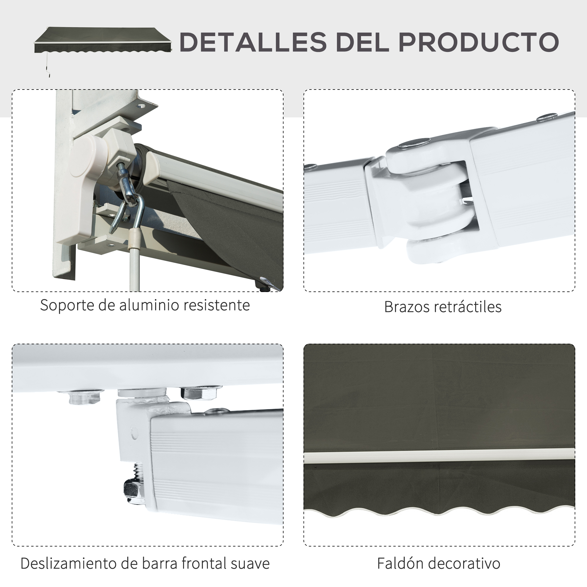 Detalles de toldo: Soporte aluminio, brazos retráctiles, barra frontal, faldón.