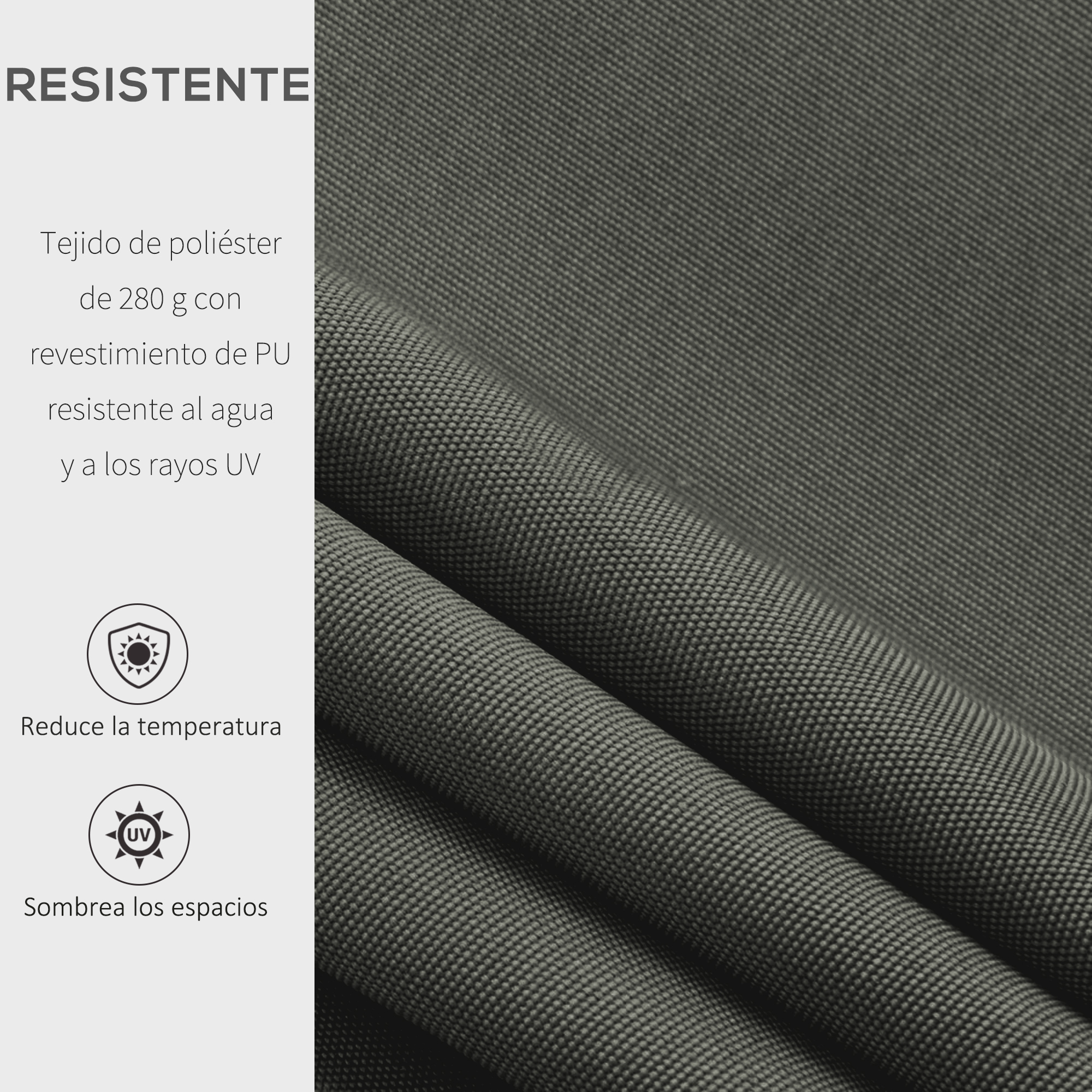 Tejido de poliéster gris con revestimiento de PU, resistente al agua y a los rayos UV.