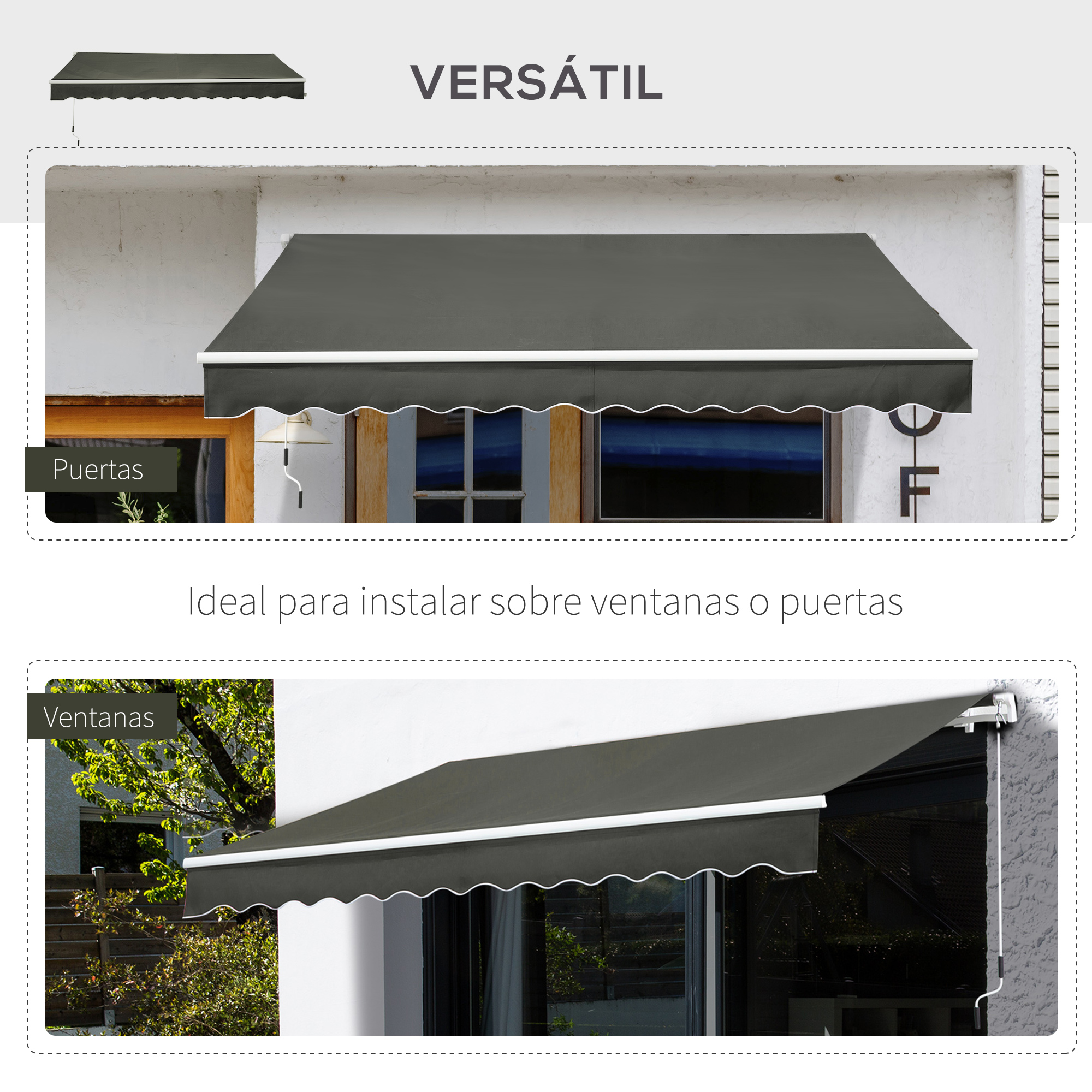 Un toldo de tela oscura con borde blanco sobre una puerta y ventana.