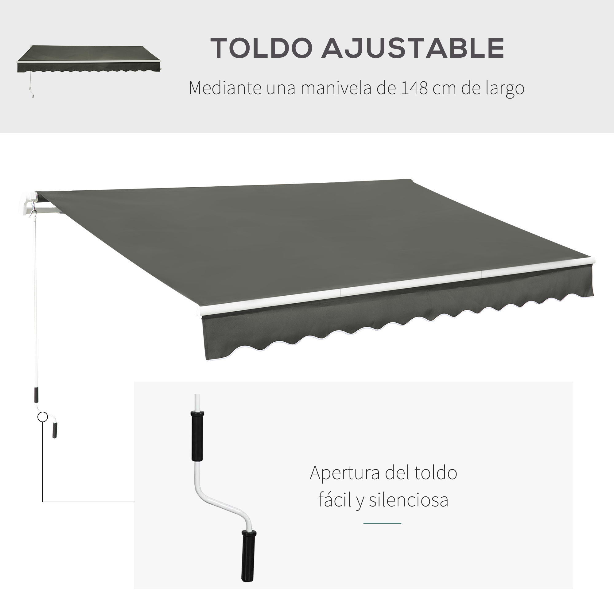 Toldo gris con manivela de 148 cm para apertura fácil.