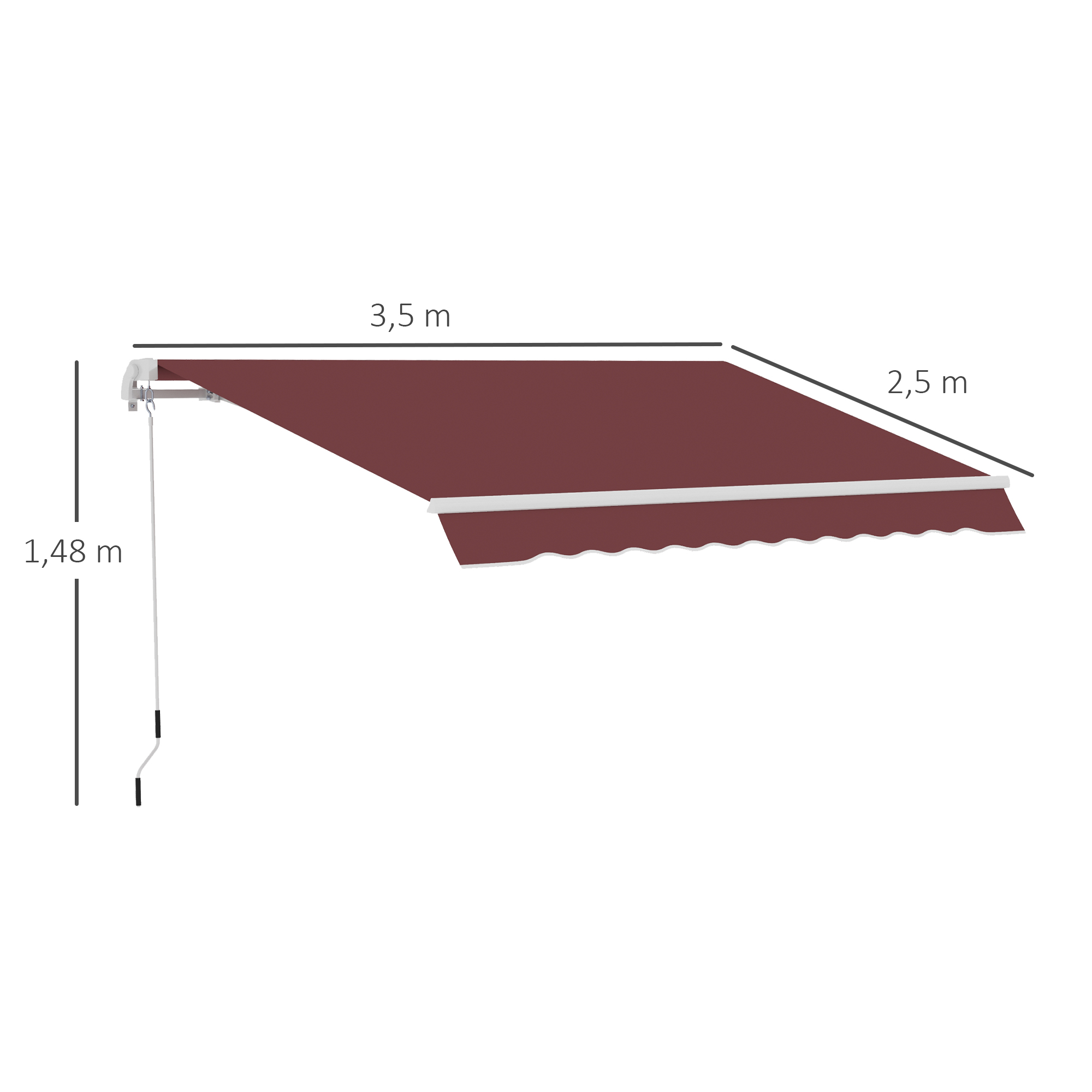 Toldo: 3,5 m de ancho, 2,5 m de salida, 1,48 m de alto, marrón.