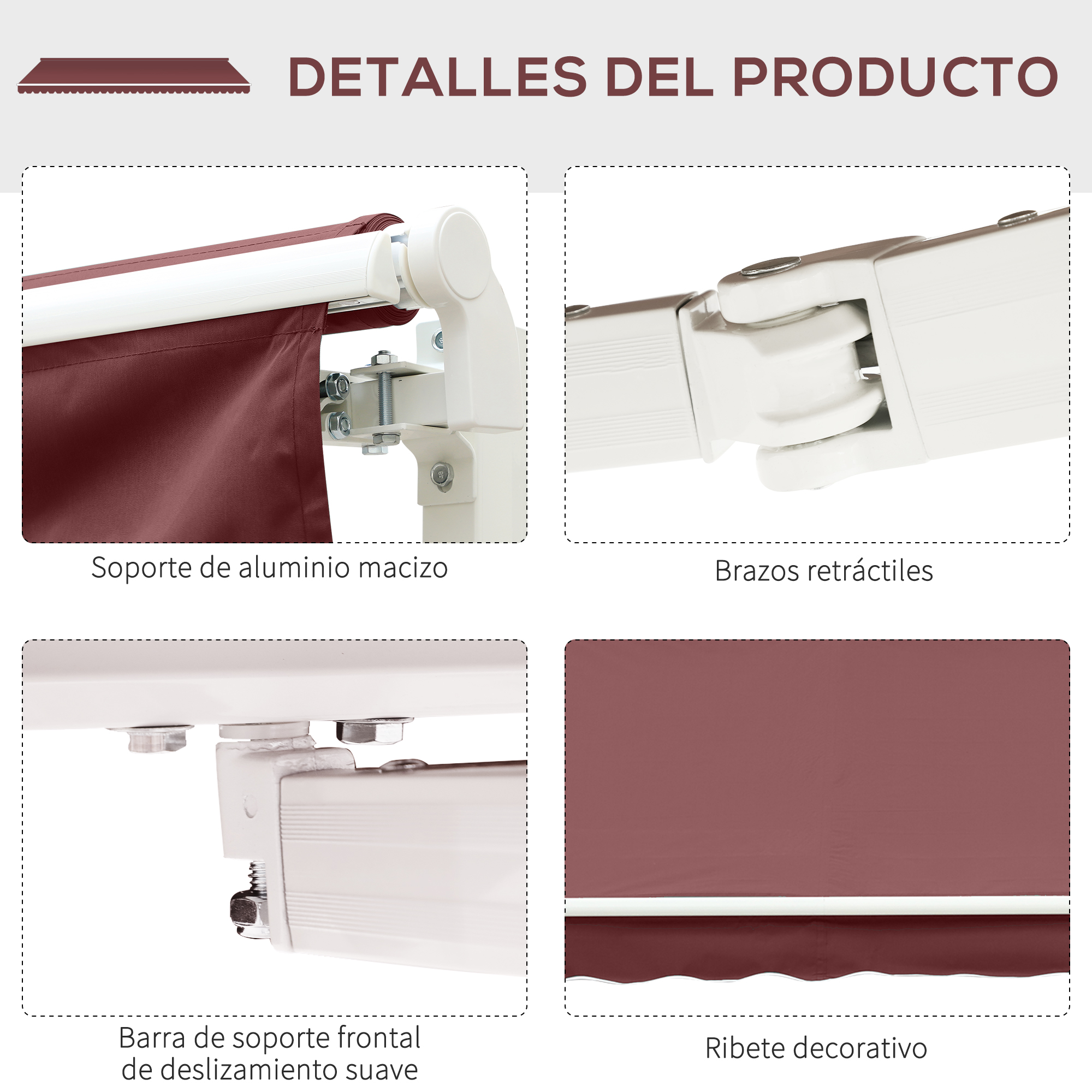Detalles del producto: Soporte aluminio, brazos retráctiles, barra frontal, ribete.