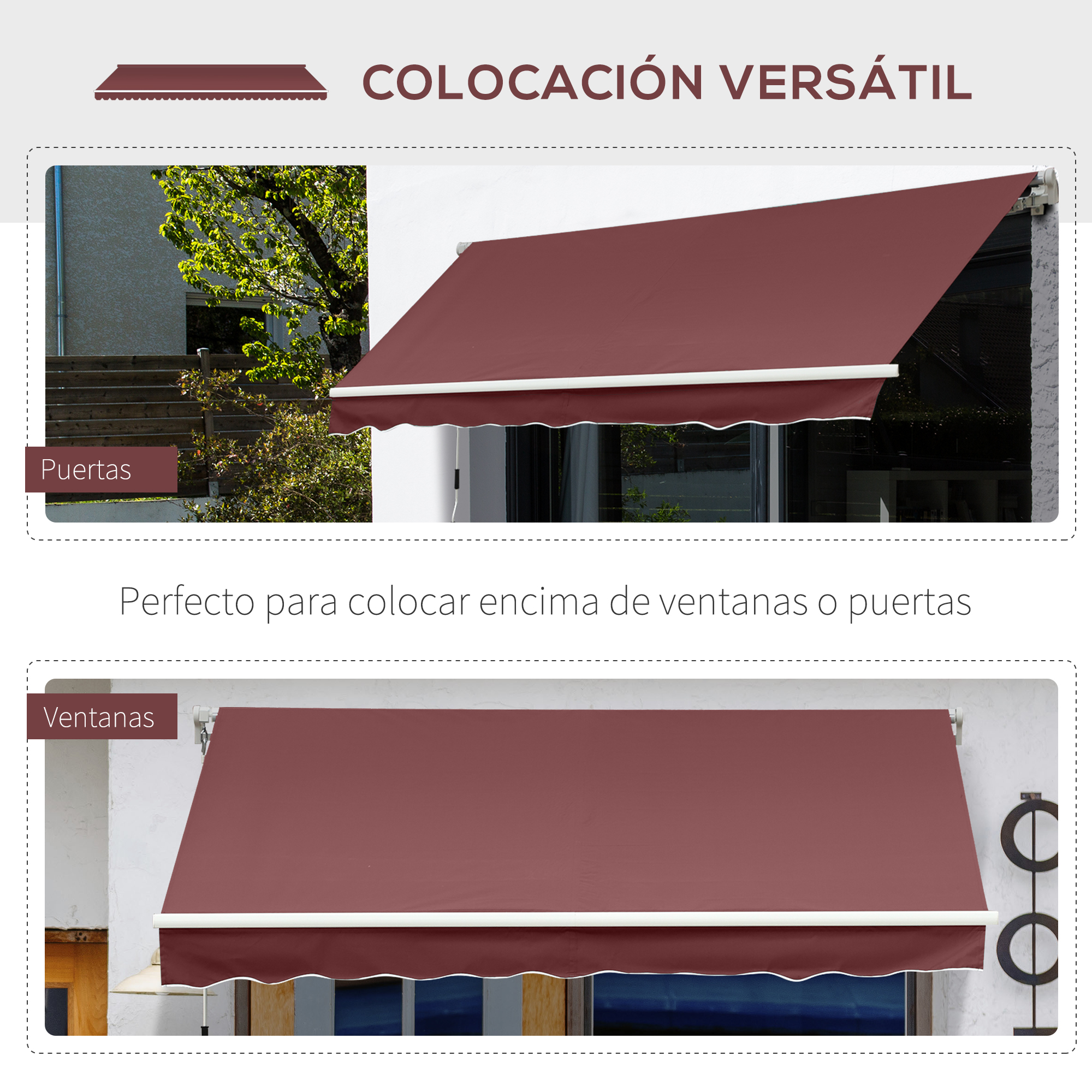 Tela de toldo marrón con borde blanco sobre una puerta y ventana.
