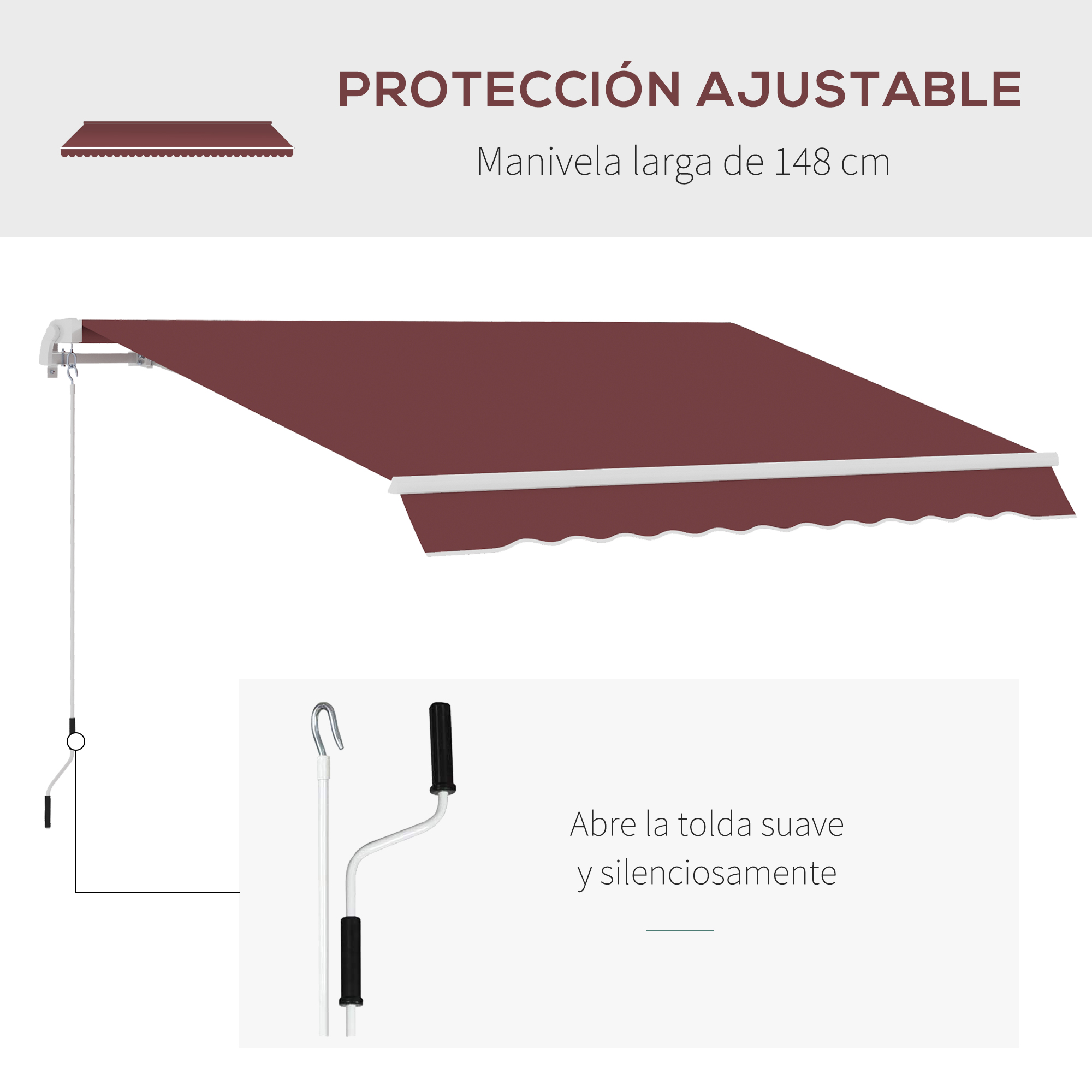 Un toldo marrón con manivela y gancho es extensible.