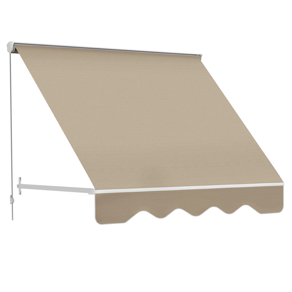 Un toldo de tela beige extendido con borde blanco y borde festoneado.