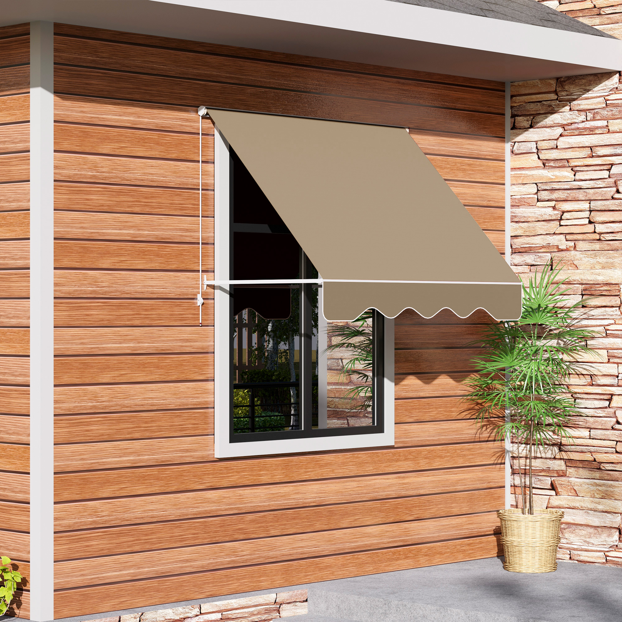 Toldo sobre una ventana en una casa de madera con detalles de piedra y planta.