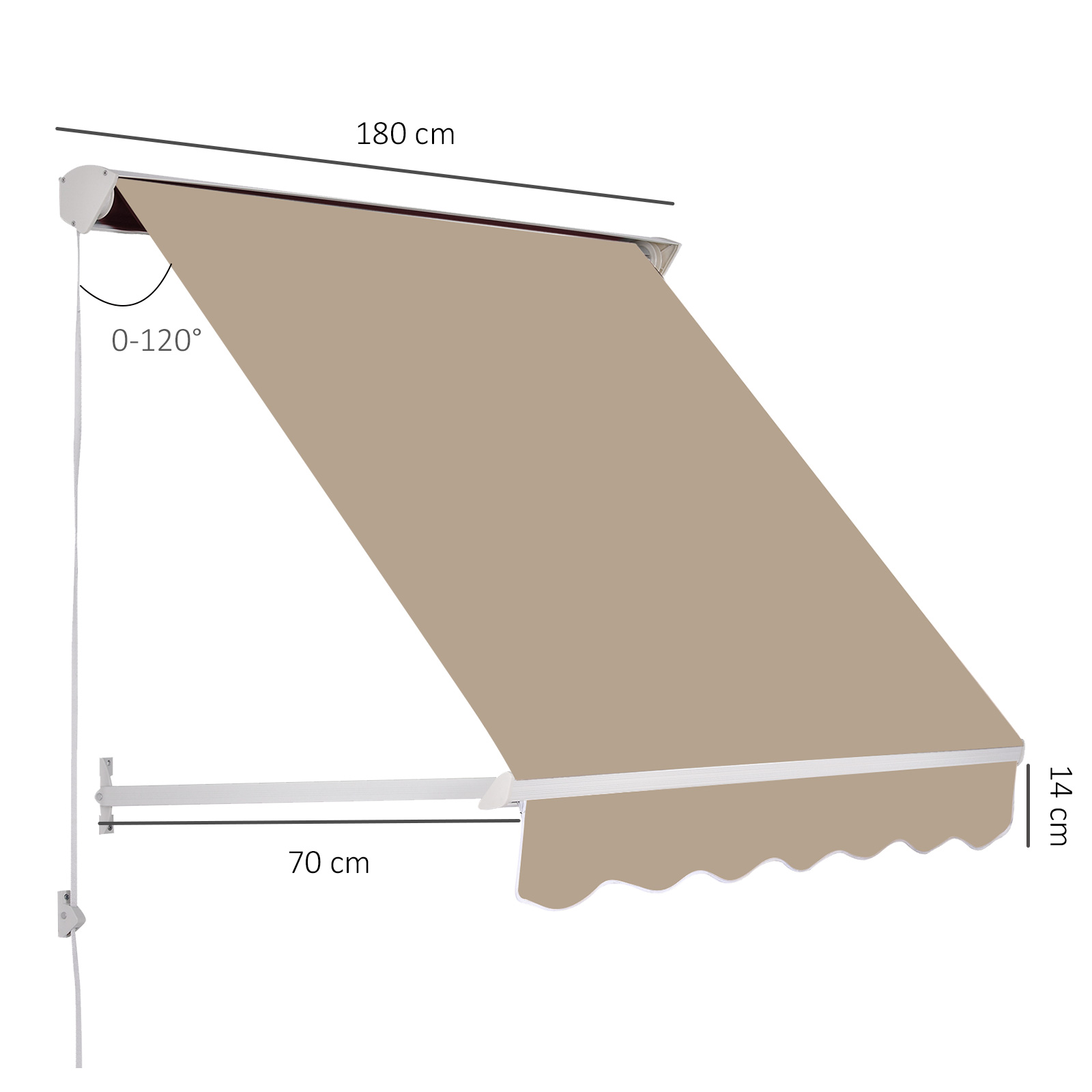 Toldo beige extendido con medidas: 180cm ancho, 70cm proyección, 14cm alto.