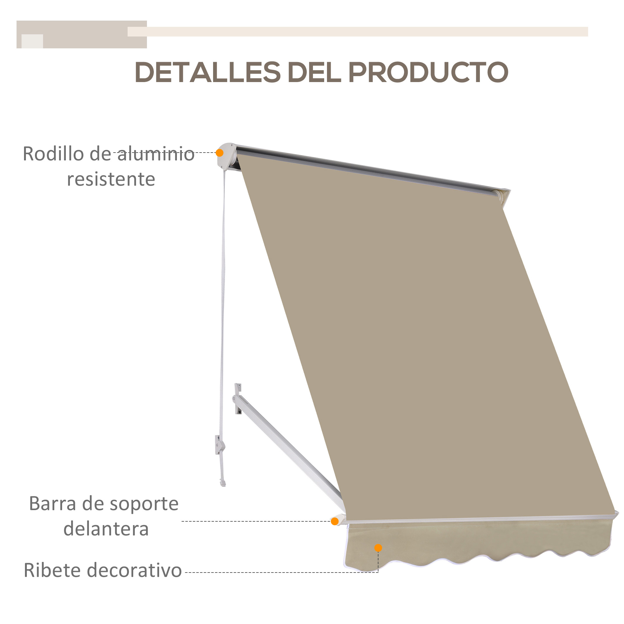 Un toldo beige con rodillo de aluminio, brazos de soporte y ribete.