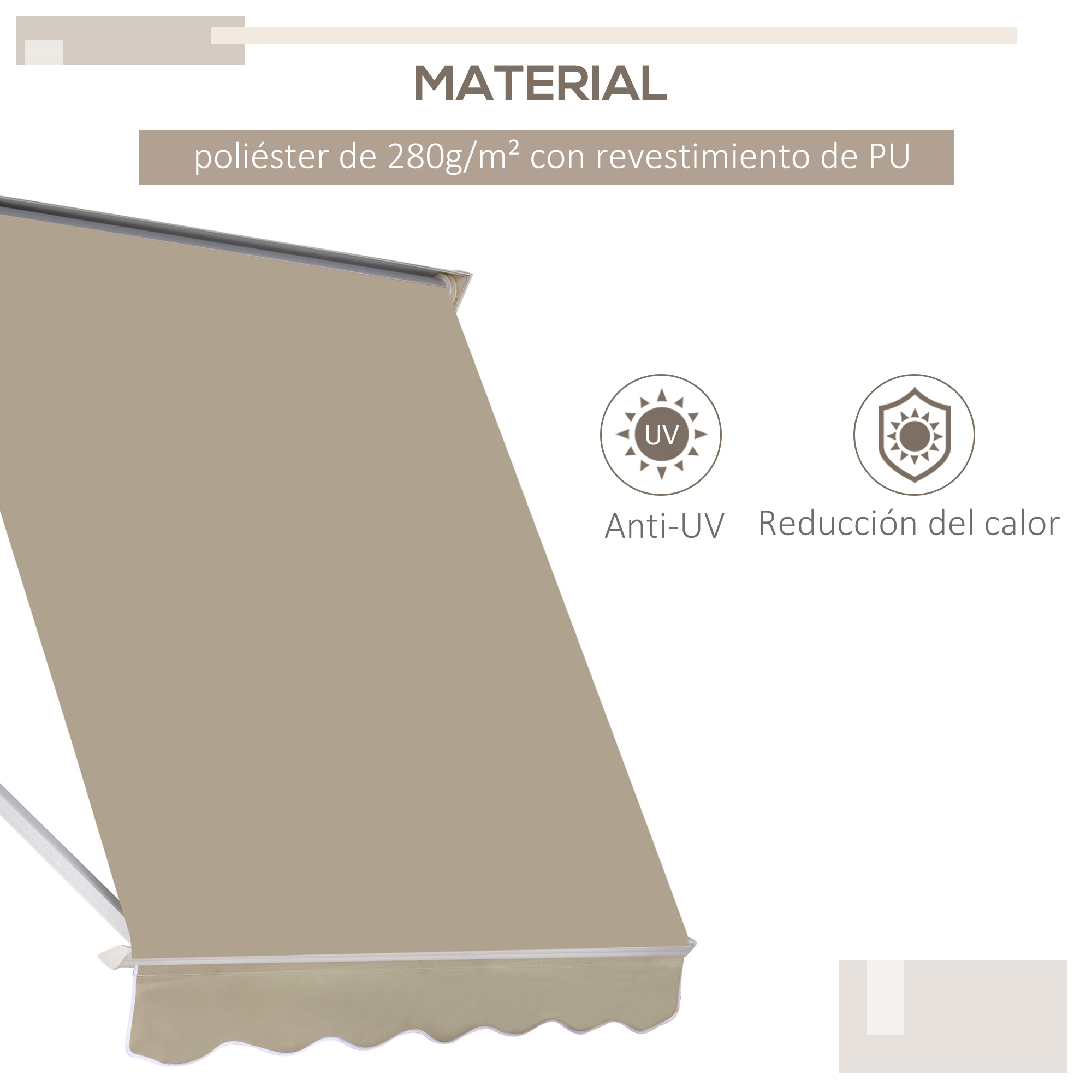 Toldo beige con revestimiento PU, iconos Anti-UV y reducción de calor.