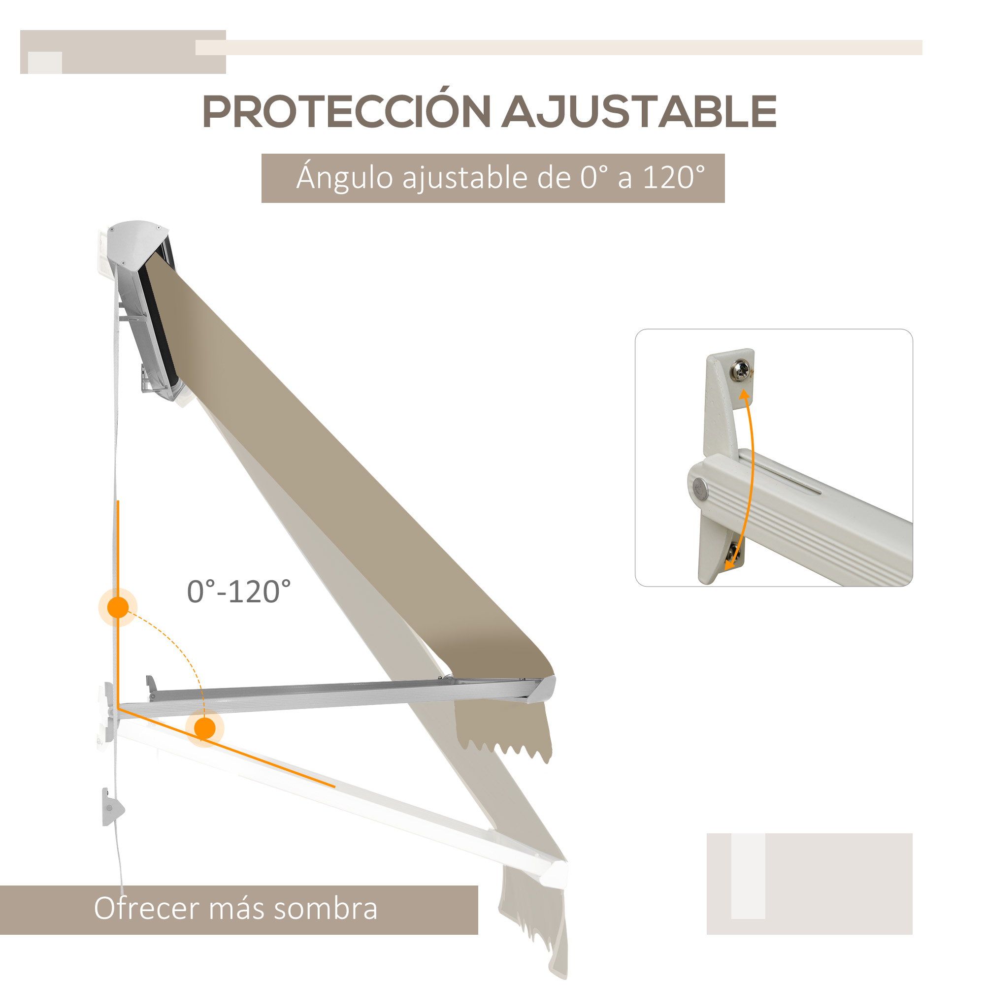 Toldo ajustable con ángulo de 0-120 grados, que ofrece más sombra.