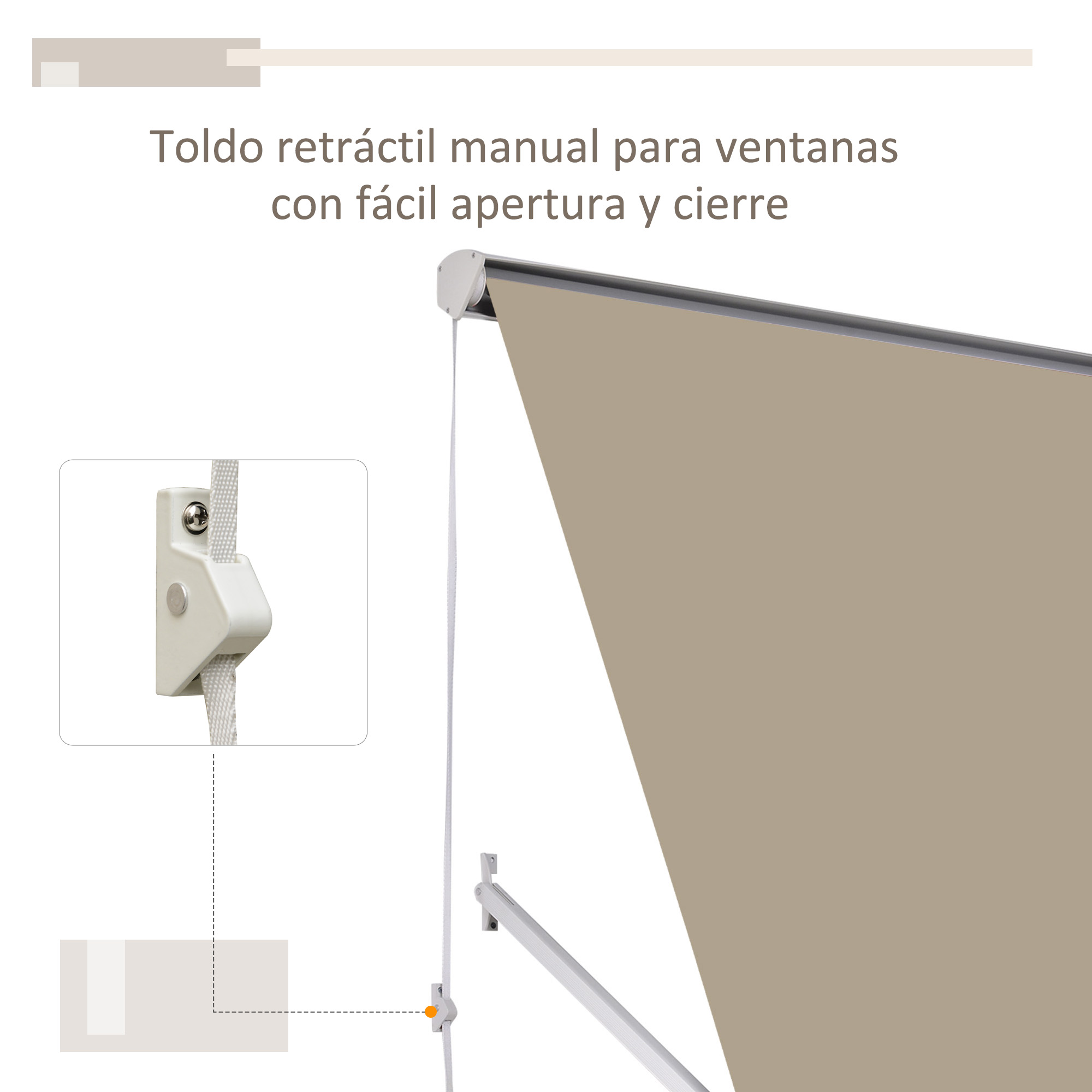 Un toldo retráctil manual beige para ventanas con mecanismo de cuerda.