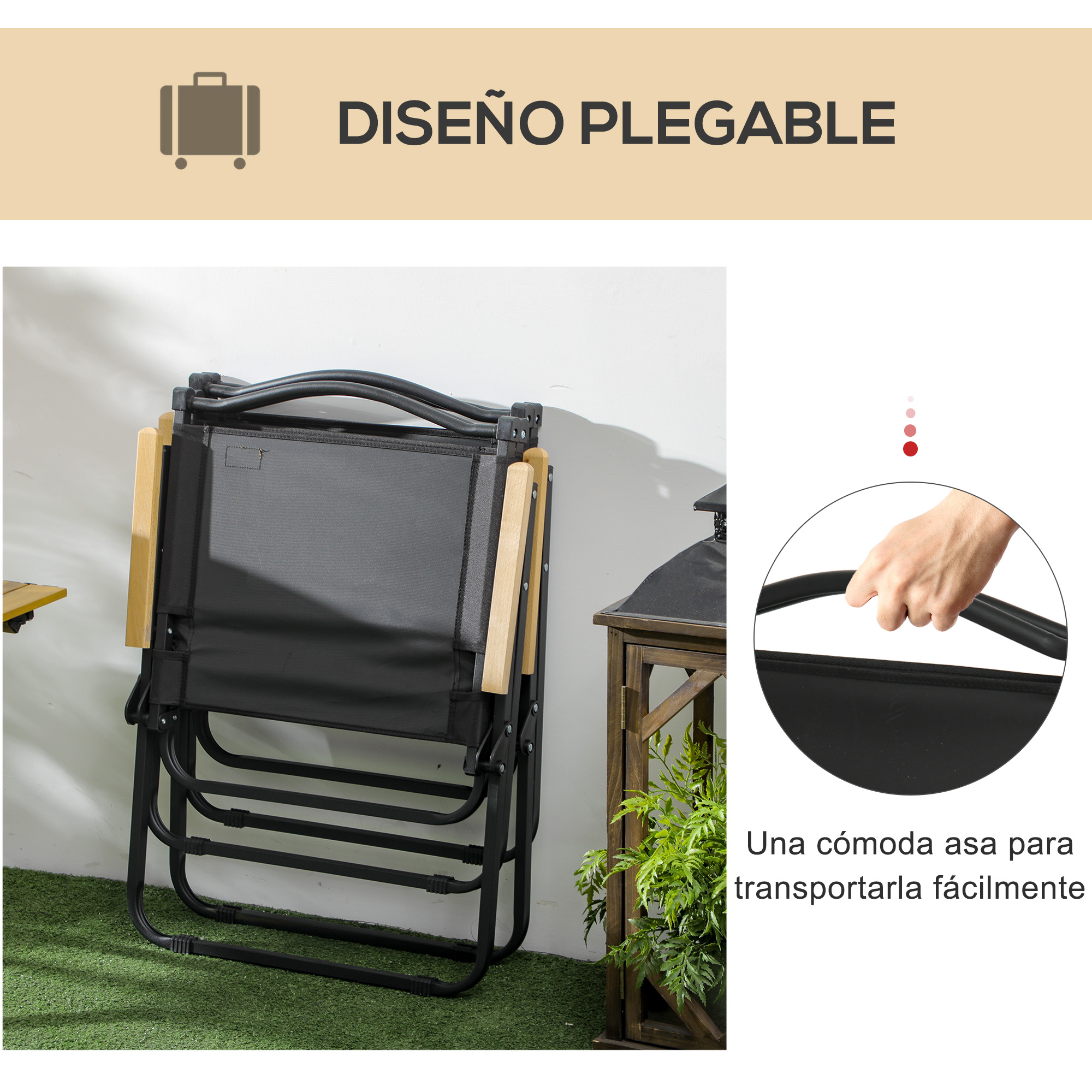 Una silla negra plegable con reposabrazos de madera.