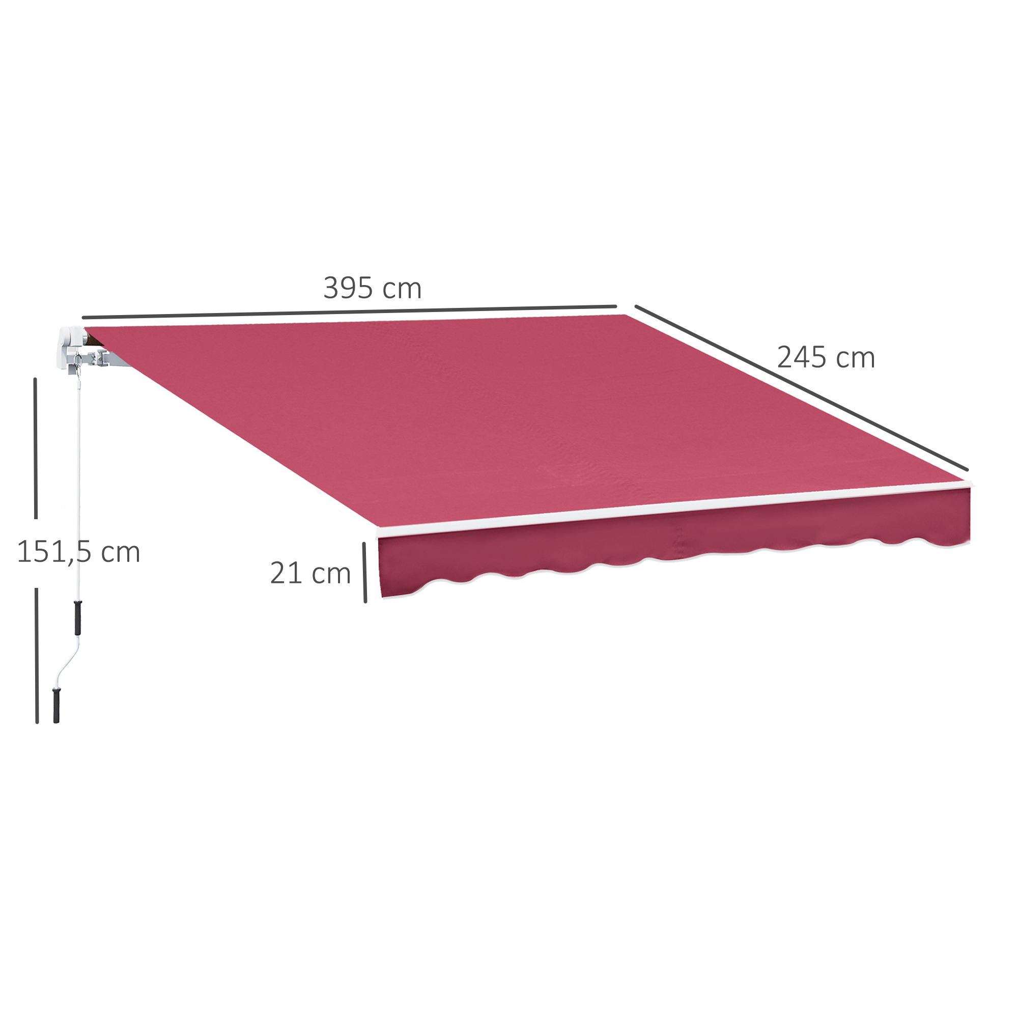 Un toldo rojo de 395x245 cm con manivela.