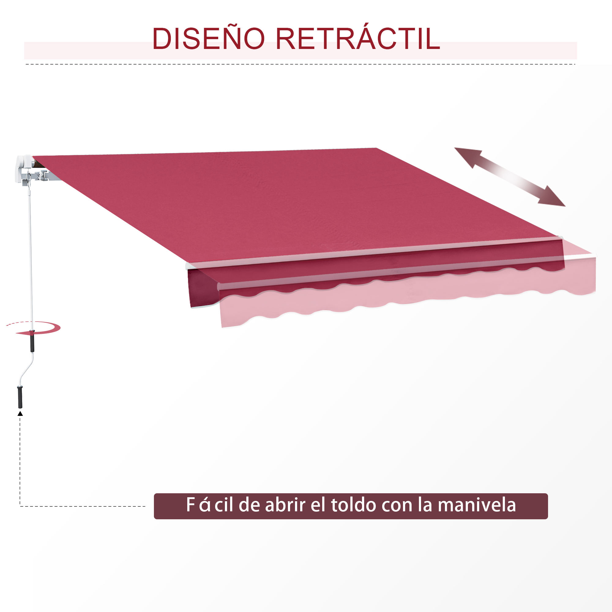 Toldo retráctil, tela roja, con mecanismo de manivela.