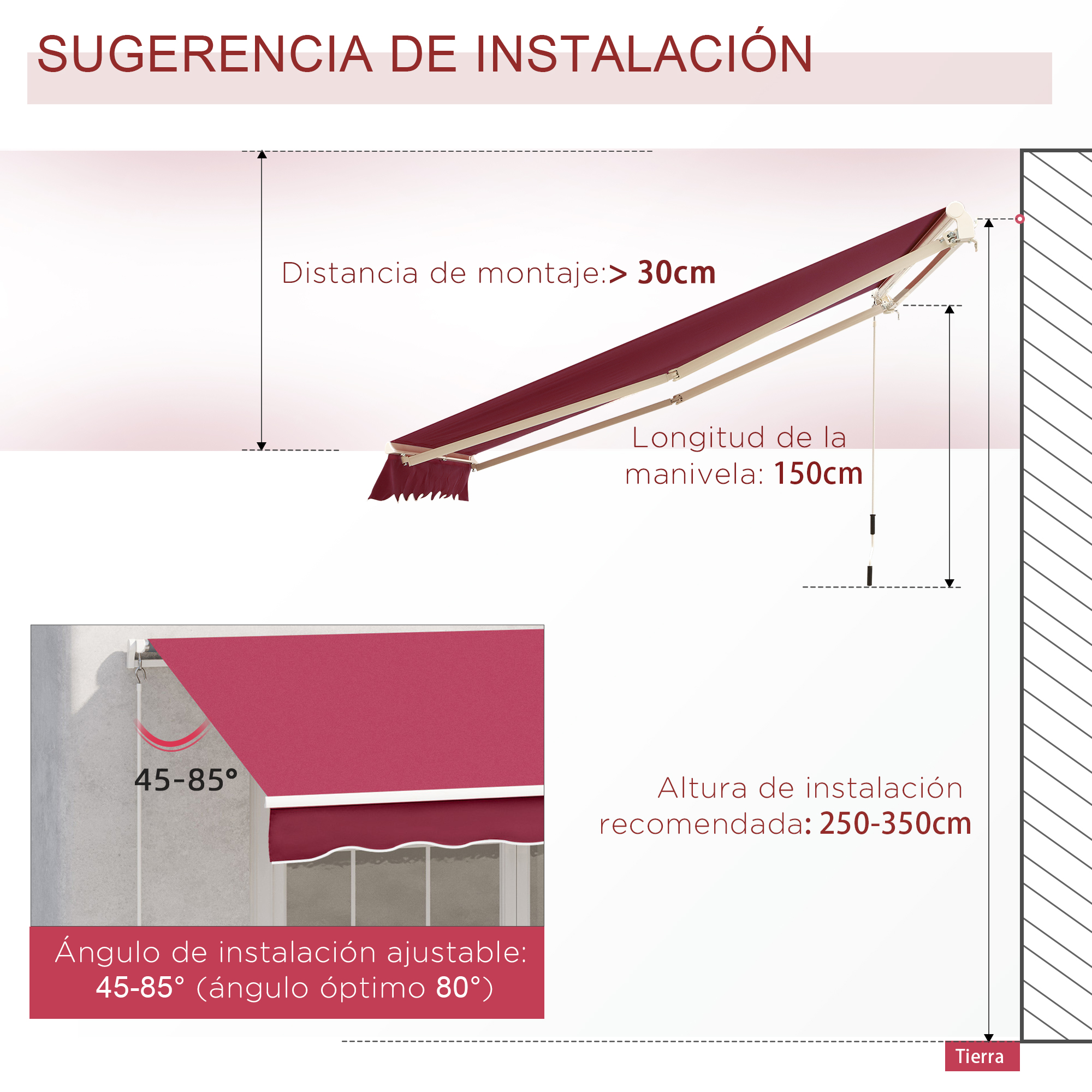 Toldo con guía de instalación: Distancia montaje <gt/>30cm, longitud manivela 150cm, ángulo 45-85°.