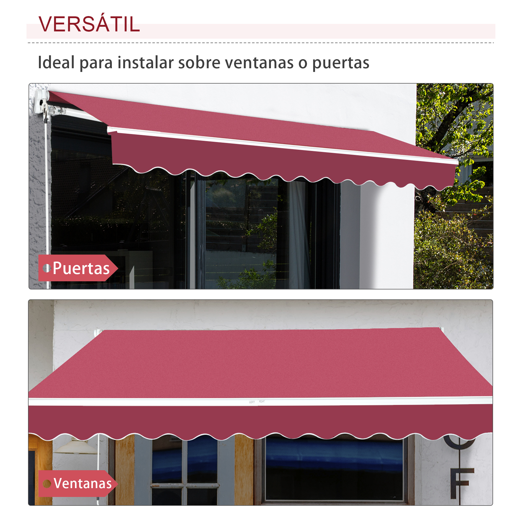 Toldos rojos montados sobre ventanas y puertas, con borde festoneado.
