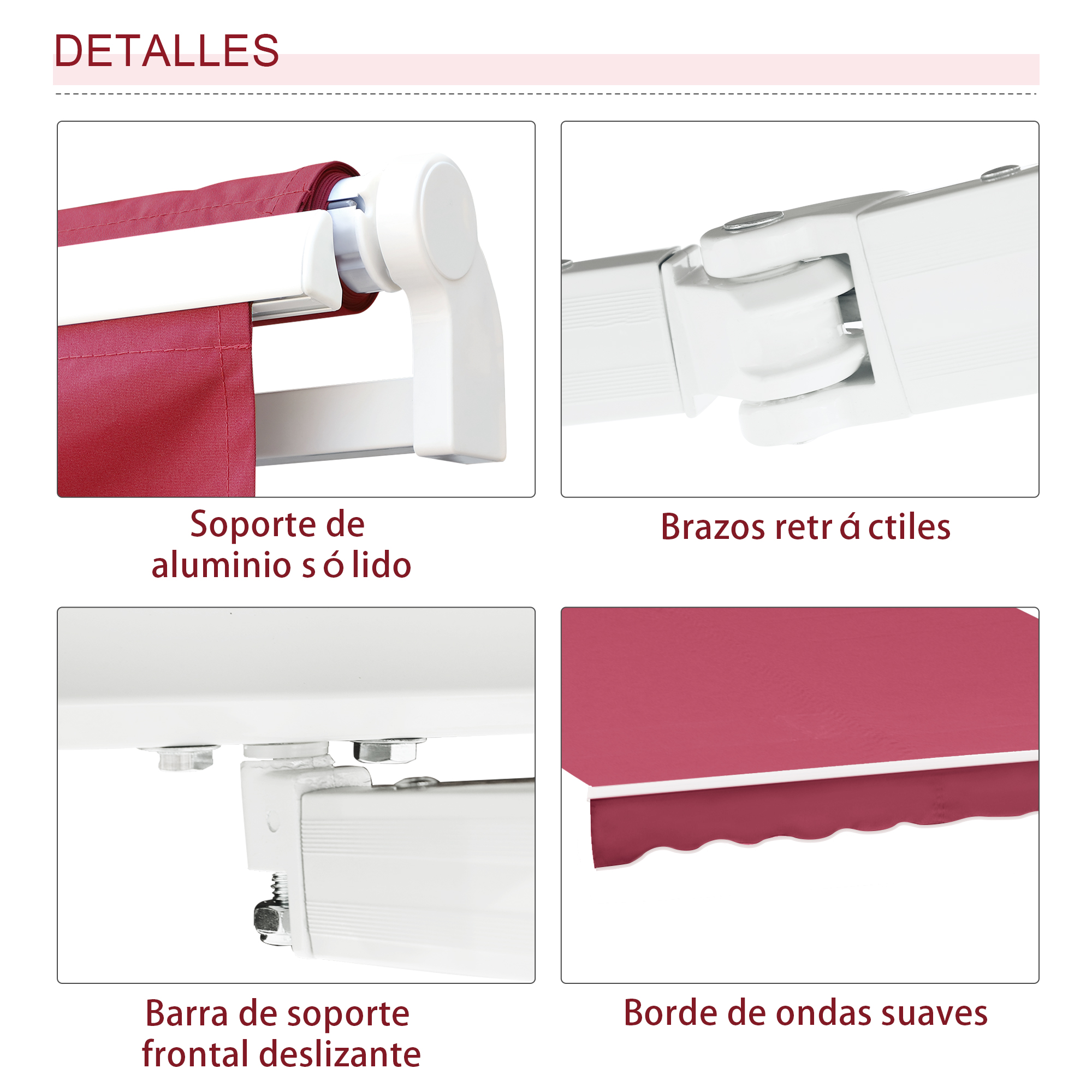 Detalles de un toldo rojo con soporte de aluminio y borde ondulado.